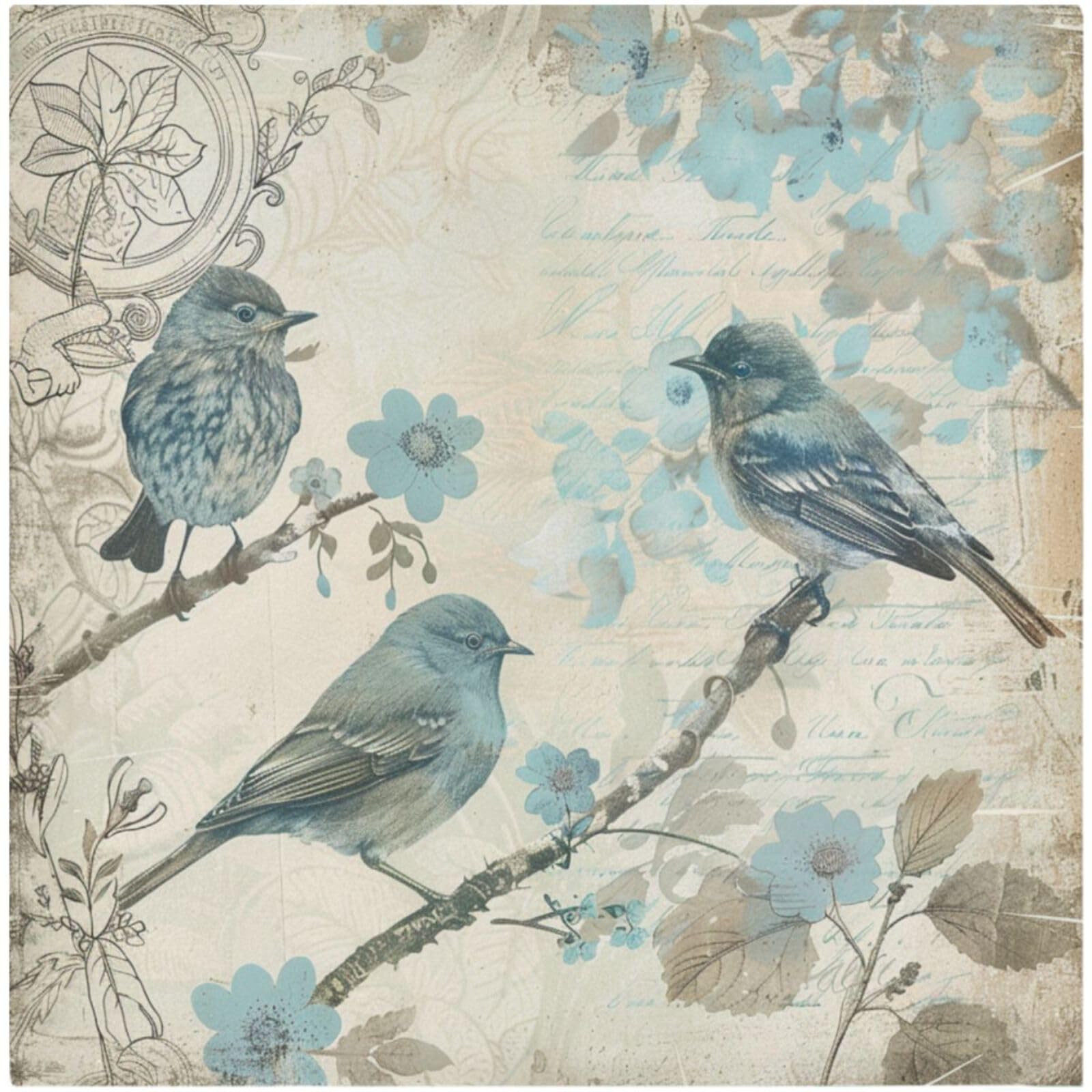 ZzWwR Luxuriant Table Cloth Napkins Set of 4, Vintage Style Blue Birds Flowers 20 x 20 Inch Soft Dinner Napkins Decor for Family, House, Festival,Restaurant, Weddings, Parties