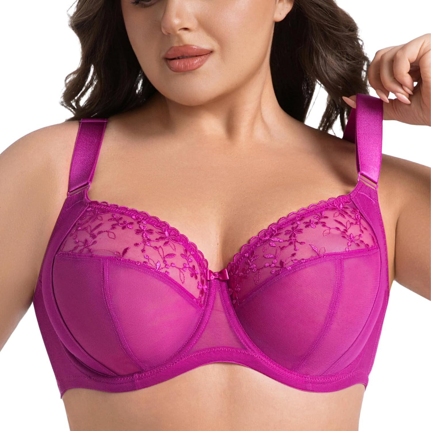 Women's Plus Size Bra Solid Color Embroidered Full Coverage Underwire Unlined Adjustable Straps Bras