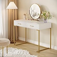 Tribesigns White Gold Vanity Desk with 2 Drawers - Makeup Dressing Table for Women & Girls, No Mirror (White/Gold)