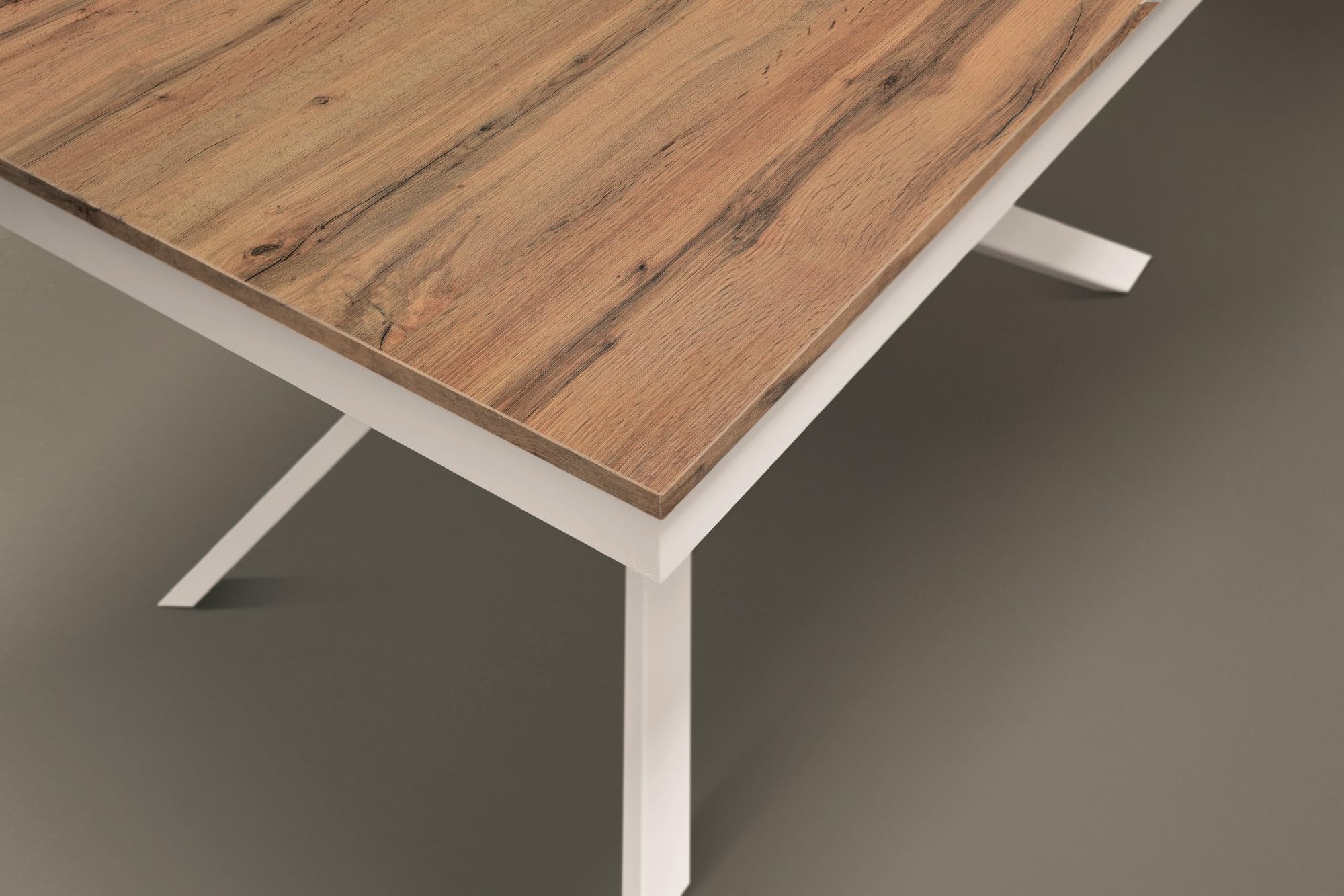 KONTE.DESIGN Tavolo VOLPAIA in legno, finitura rovere rustico e metallo verniciato bianco, allungabile 120x80 cm - 170x80 cm