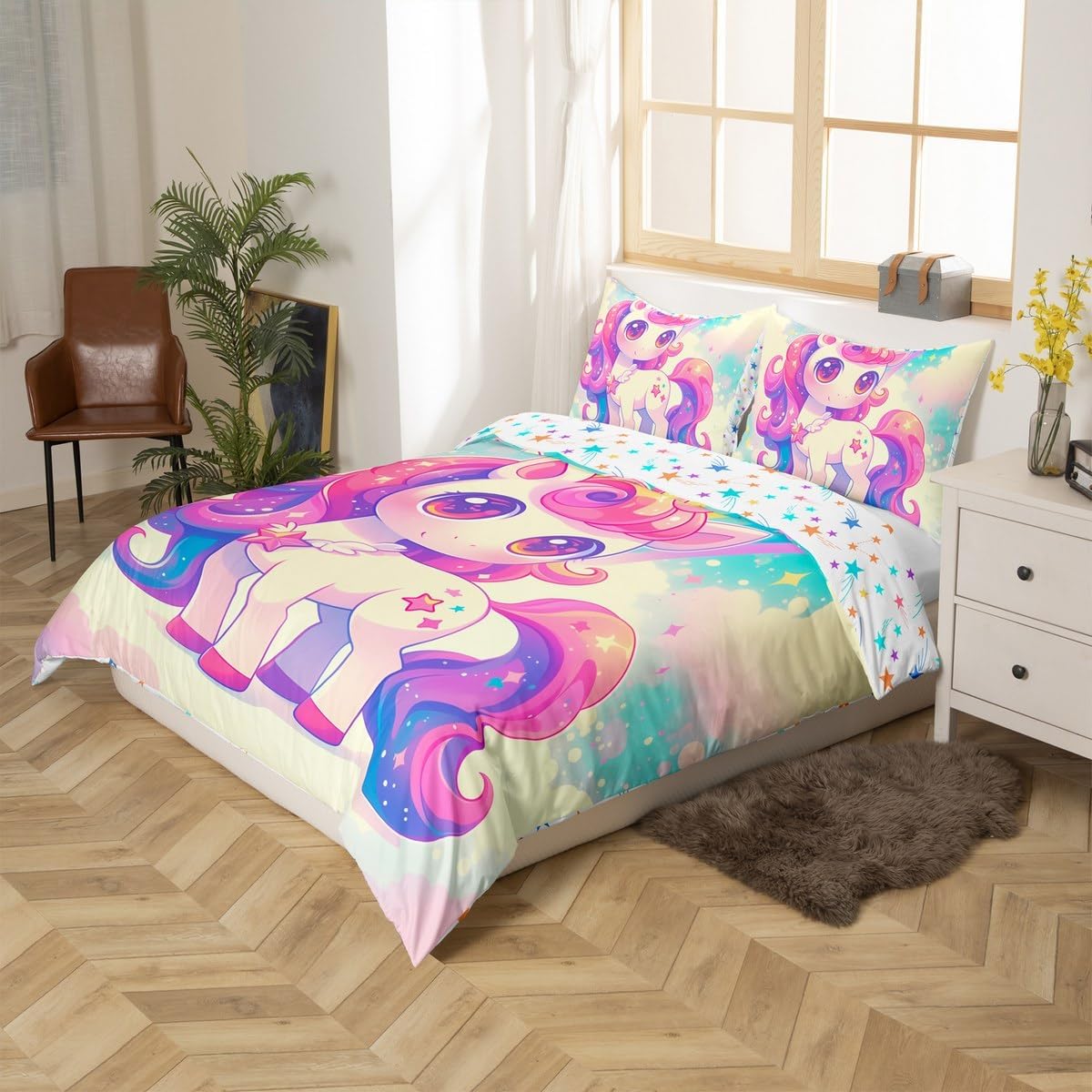 Cute Unicorn Duvet Cover Set Toddler Size,Cartoon Animals Bedding Set,Rainbow Cloud Magical Horse Quilt Cover for Kids,Comforter Cover(No Filler),2 Pcs