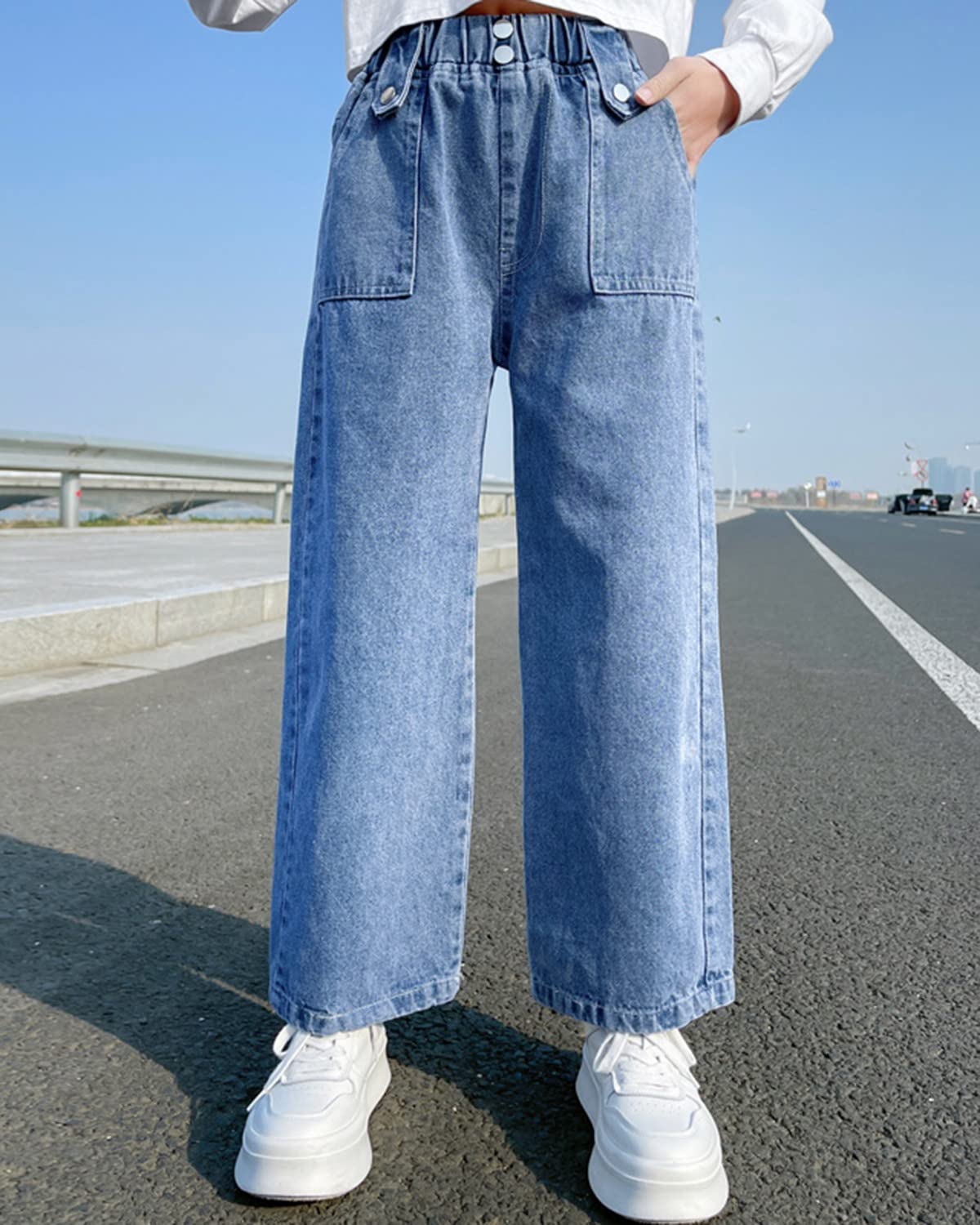 Rolanko Jeans Baggy pour Filles Pantalon en Denim Patchwork à Taille Élastiquée