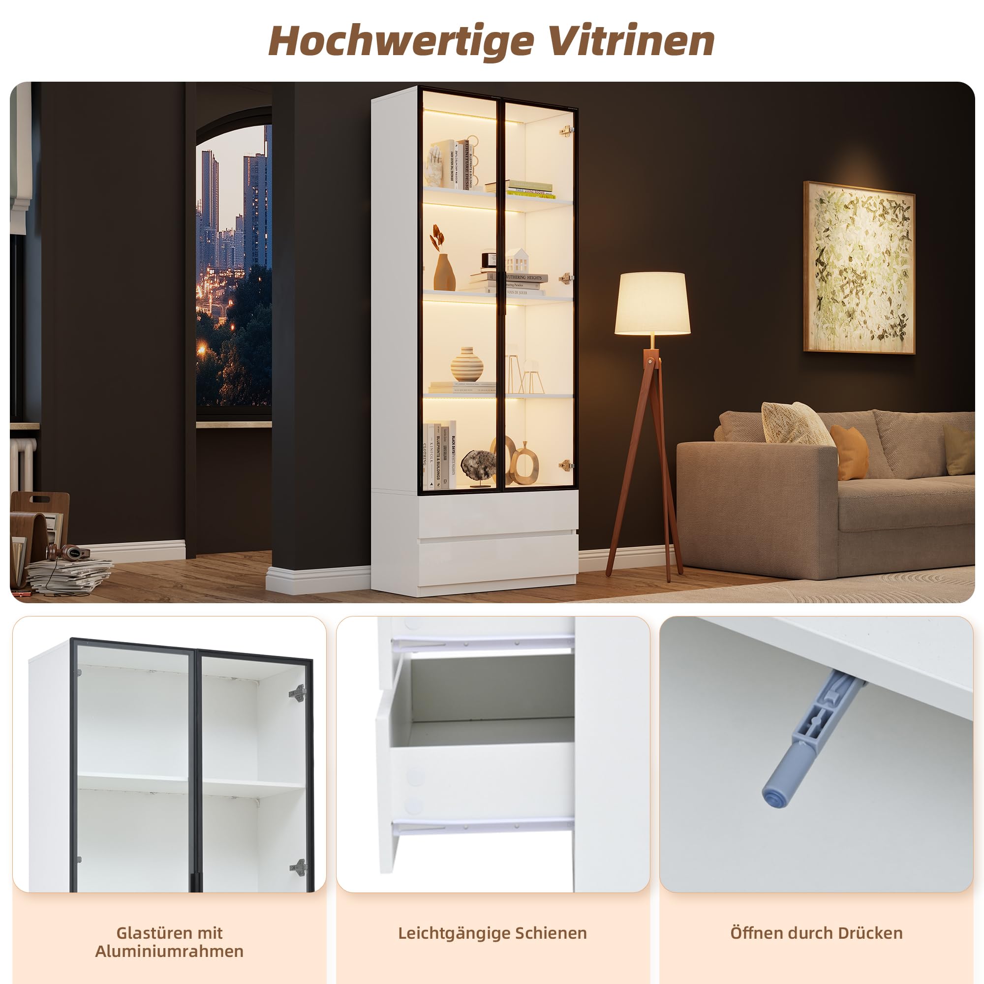 Vitrine Weiß mit LED Beleuchtung, Glasvitrine 80x34x200 cm, Highboard Wohnzimmer mit Glastüren, 2 Türen & 2 Schubladen, MDF