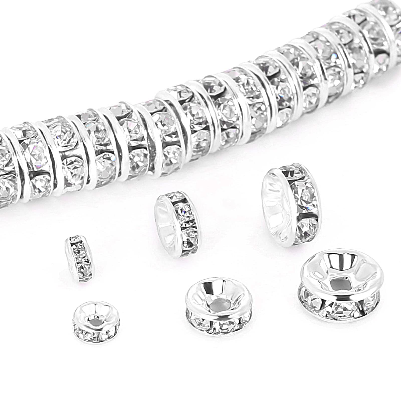 sjavocado 150Pcs Round Rhinestone Spacer Beads 4mm 6mm 8mm Crystal Loose Beads Set Copper Material Charm Beads for Necklaces Bracelets Jewelry Making (White)