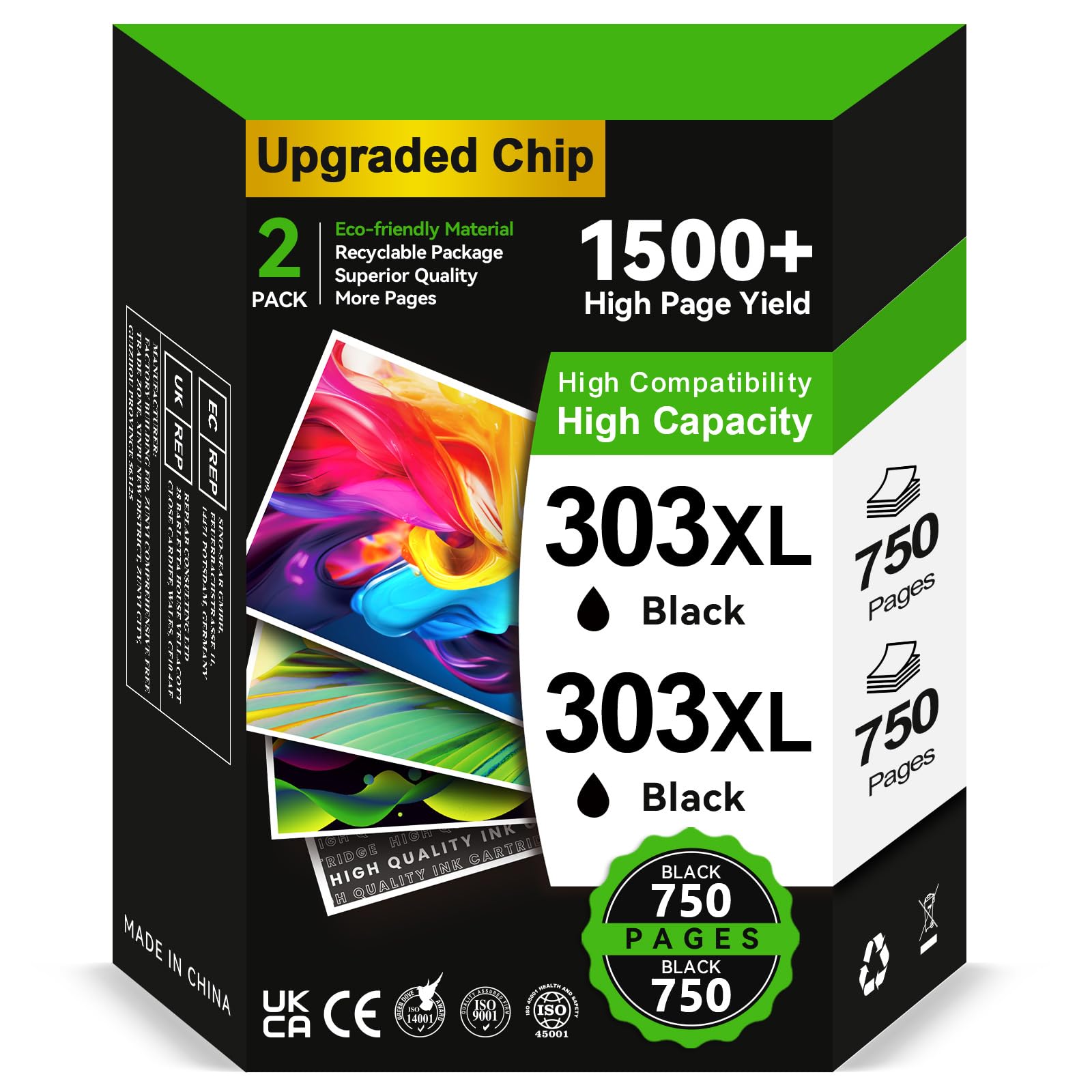 Cartuchos 303 XL Negro- 2X 750 Páginas, Reemplazo para Tinta HP 303 Negro Original, Tinta Impresora 303 XL para Envy Photo 7134 7830 6232 6230 7130 6220 6234 7100 7155 7800 7834 7855