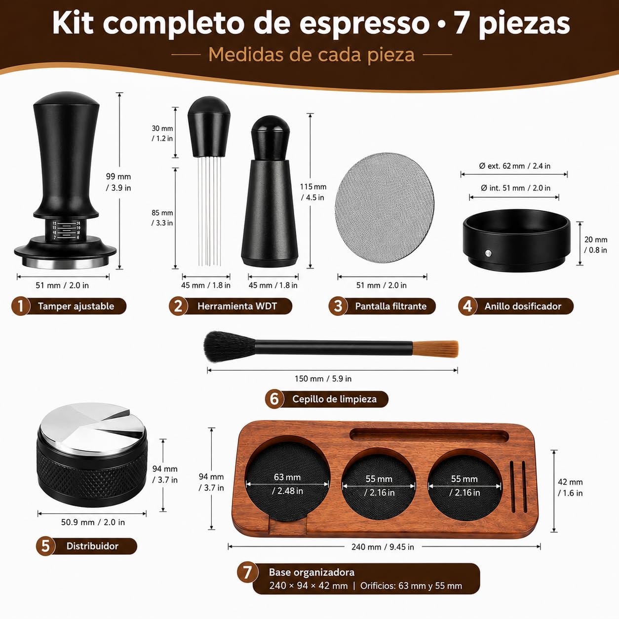 Set de 7 Accesorios para Café Espresso con Tamper, WDT y Base de Madera (58mm)