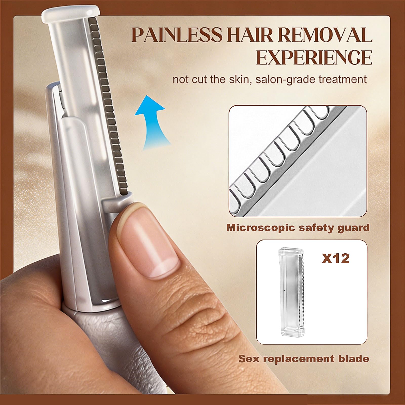 Sonic Dermaplane - Maquinilla de afeitar para mujer con 12 cuchillas de recambio para la cara, herramienta de planificación Derma Peach Fazz y exfoliante para cejas y vello facial, 3 velocidades, LED