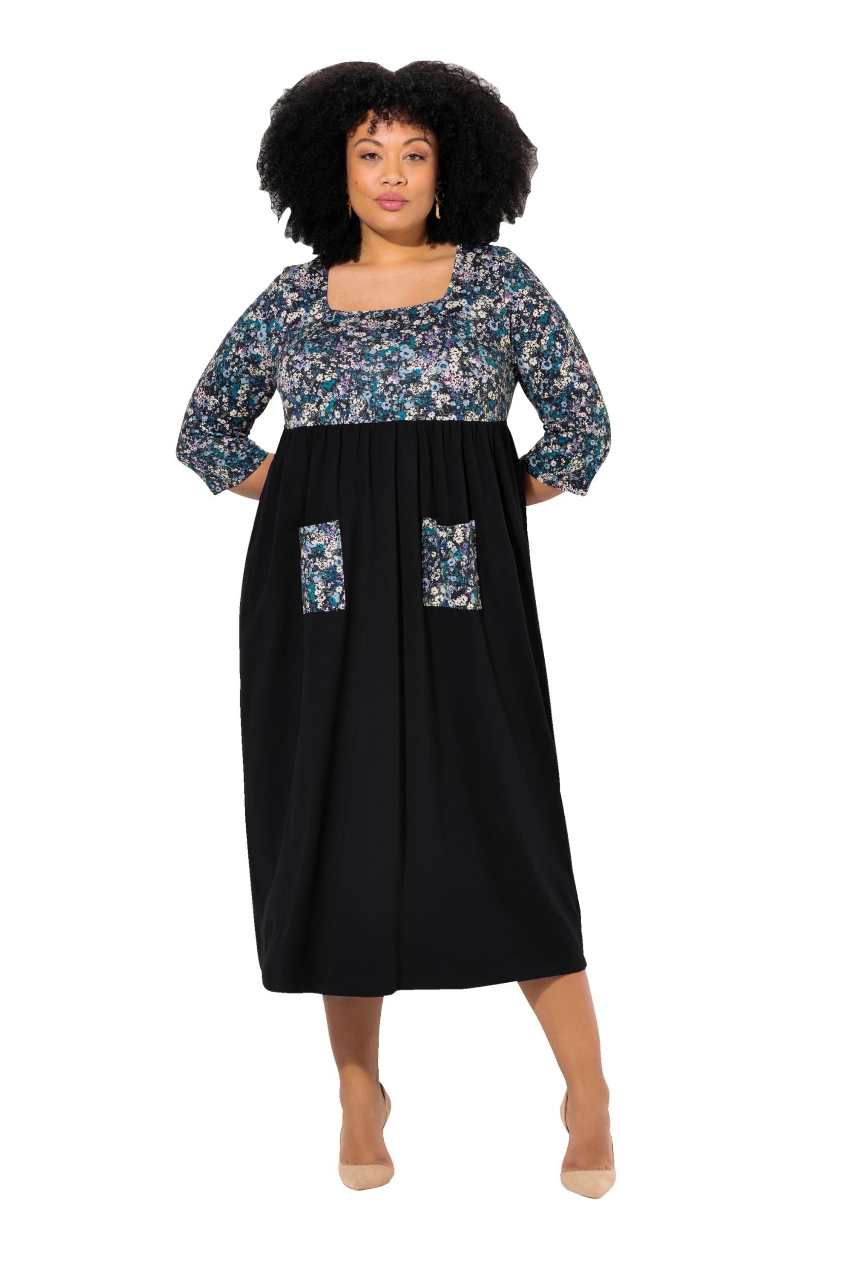 Ulla Popken Damen große Größen Übergrößen Plus Size Jersey-Maxikleid, Blüten, Carree-Ausschnitt, 3/4-Arm 832843