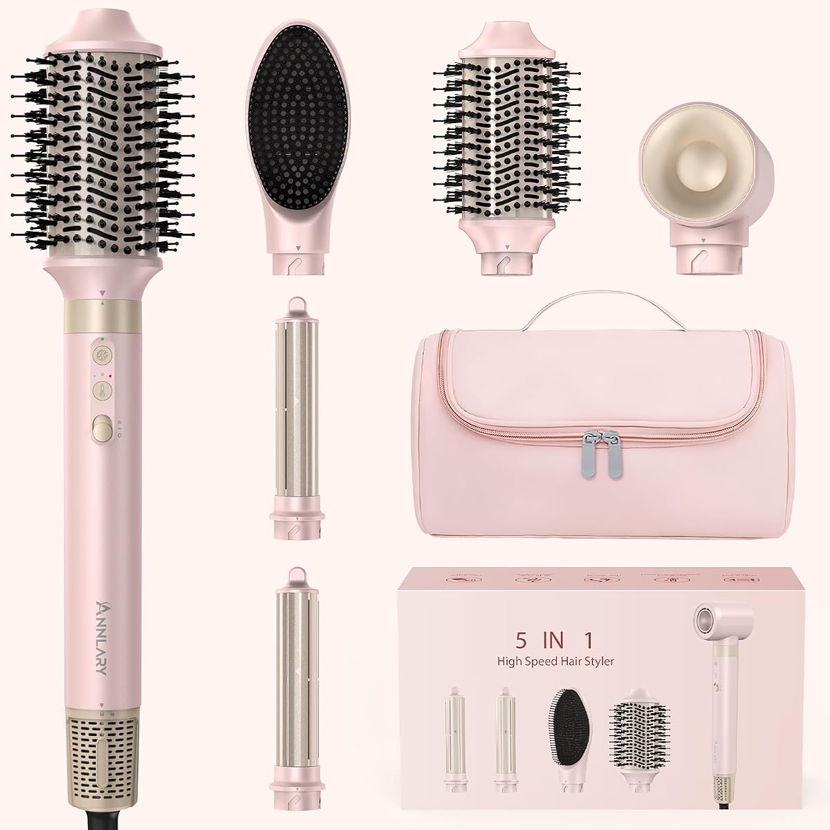 Annlary 5 in 1 Ionic Hot Air Styler, 1400W Powerful Hair Dryer Brush, Auto-Wrap Curlers, Paddle Brush for Fast Drying, Volumizing with Travel & Storage Bag