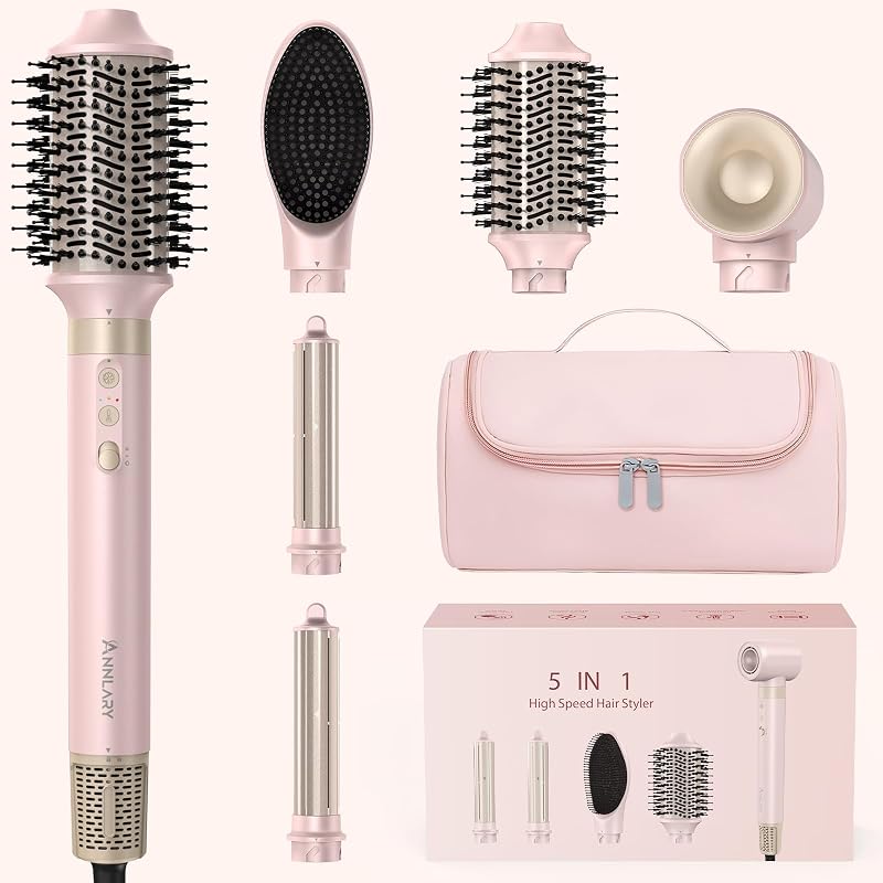 Annlary 5 in 1 Ionic Hot Air Styler, 1400W Powerful Hair Dryer Brush, Auto-Wrap Curlers, Paddle Brush for Fast Drying, Volumizing with Travel & Storage Bag