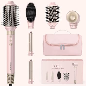 Annlary 5 in 1 Ionic Hot Air Styler, 1400W Powerful Hair Dryer Brush, Auto-Wrap Curlers, Paddle Brush for Fast Drying, Volumizing with Travel & Storage Bag