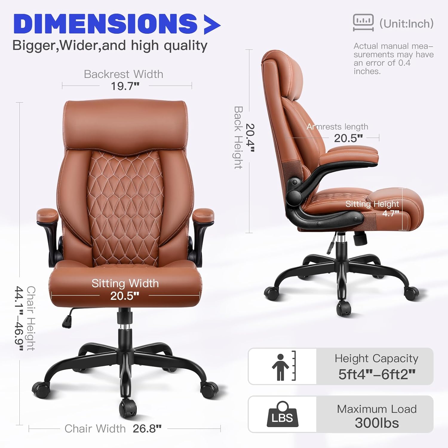 High Back Executive Office Chair - Ergonomic Computer Desk with Rocking Function, Leather Managerial with Adjustable Flip-Up Armrests and Lumbar Support - Image 2