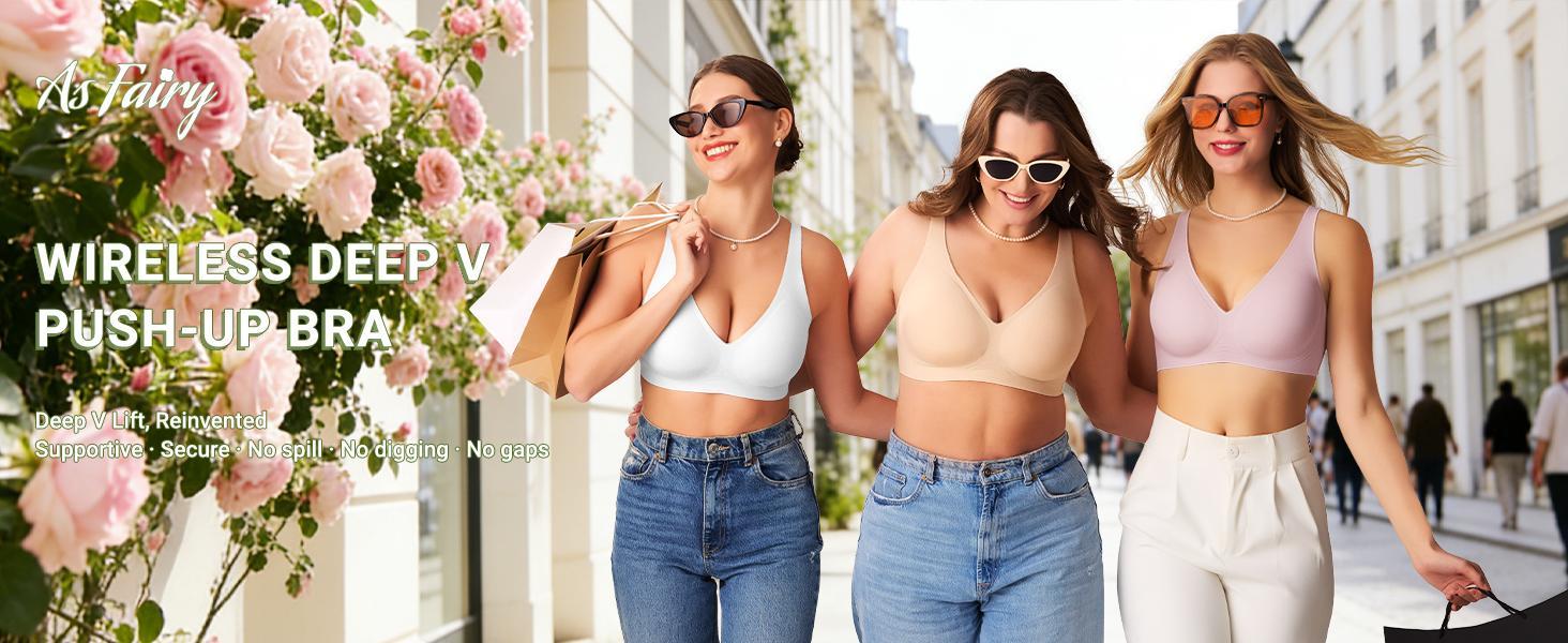 As Fairy 2026 Deep V Wireless Push Up Bras for Women Seamless Bra