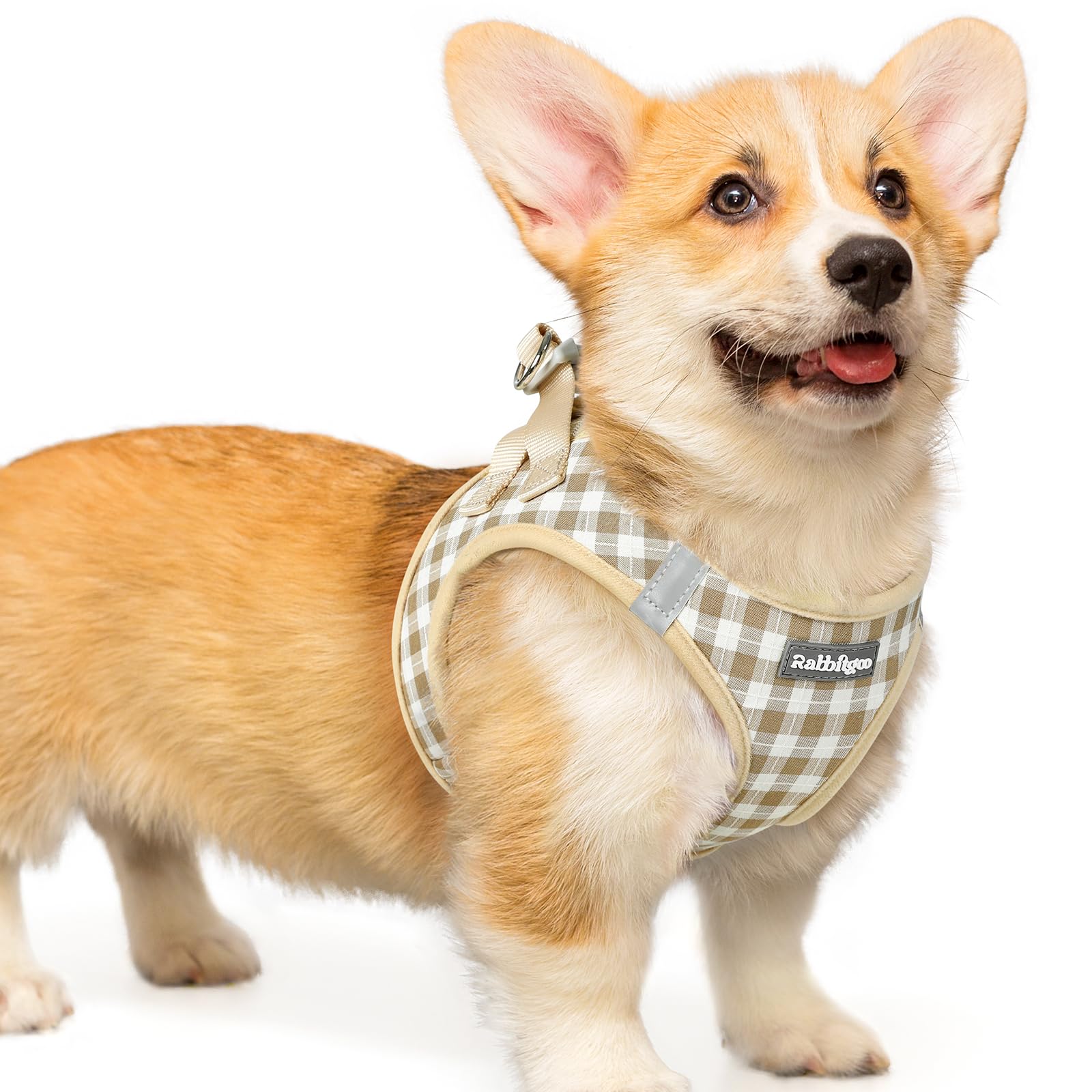 rabbitgoo Dog Harness Small Dog, Step-in Soft Mesh Puppy Harness with Reflective Strips, Lightweight Breathable Pet Vest for Walking Training, Beige Plaid, L