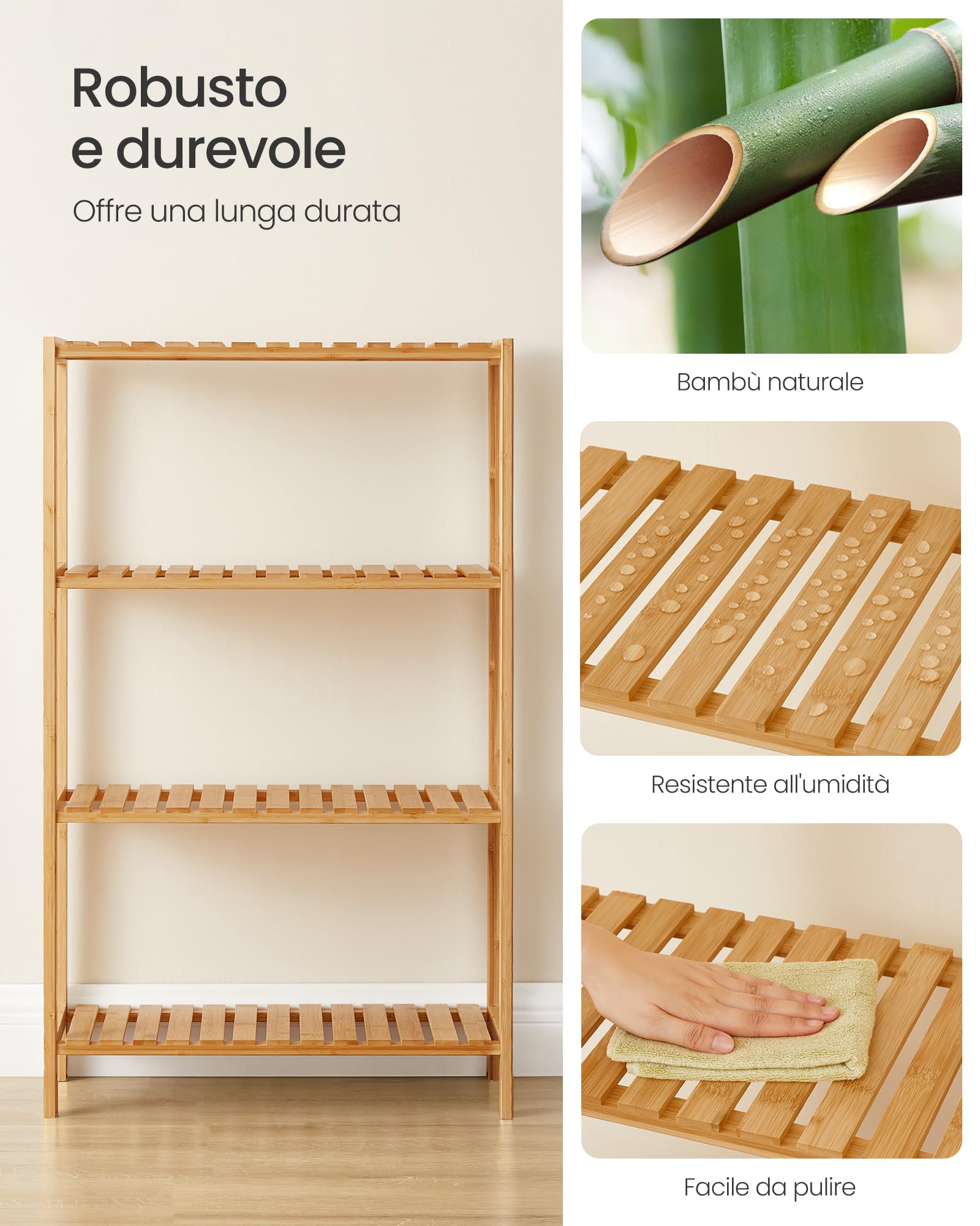 SONGMICS Scaffale Portaoggetti in Bambù, Mensola da Bagno, Scarpiera, Multiuso, per Ingresso, Bagno, Soggiorno, Terrazzo, Cucina, 26 x 60 x 100 cm, Naturale BCB034Y01