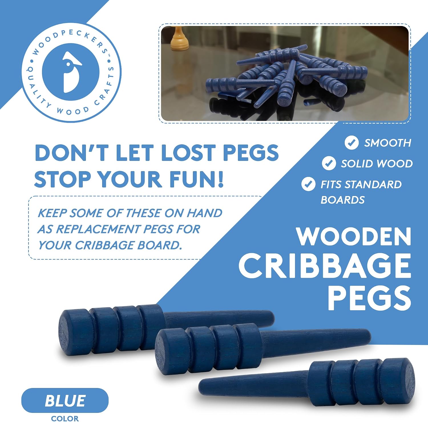 Wood Cribbage Pegs, Pack of 25 Blue Pegs for New Set or Replacement Pieces by Woodpeckers