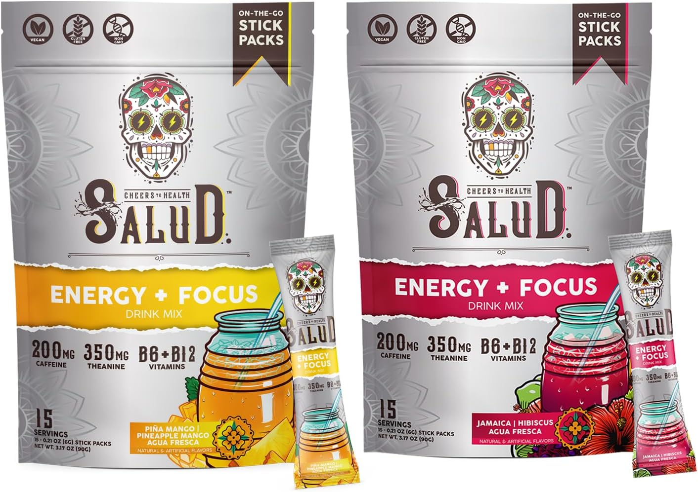 Salud 2-Pack |2-in-1 Energy + Focus (Pineapple Mango) & Energy + Focus (Hibiscus) – 15 Servings Each, Agua Fresca Drink Mix, Non-GMO, Gluten Free, Vegan, Low Calorie, 1g of Sugar