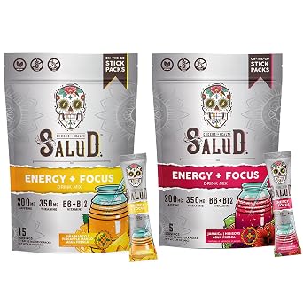 Salud 2-Pack |2-in-1 Energy + Focus Pineapple Mango & Energy + Focus Hibiscus 15 Servings Each, Agua Fresca Drink Mix, Non-GMO, Gluten Free, Vegan, Low Calorie, 1g of Sugar