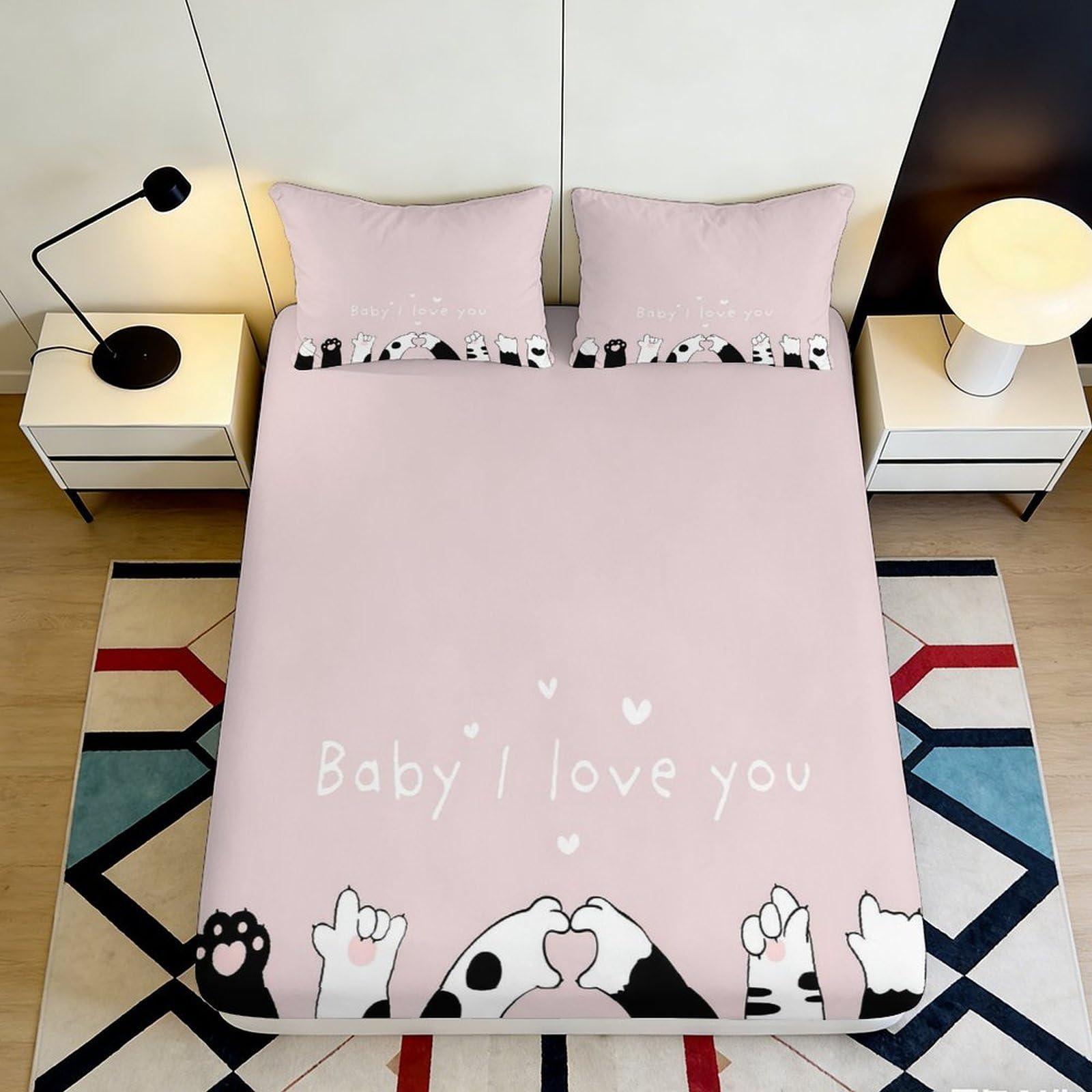 3D Printed Pink Cat Paw Fitted Sheet Microfiber Soft Anti-Slip Cartoon Dog Bed Cover for Bedroom Guest Room Easy Care 90x200x25cm