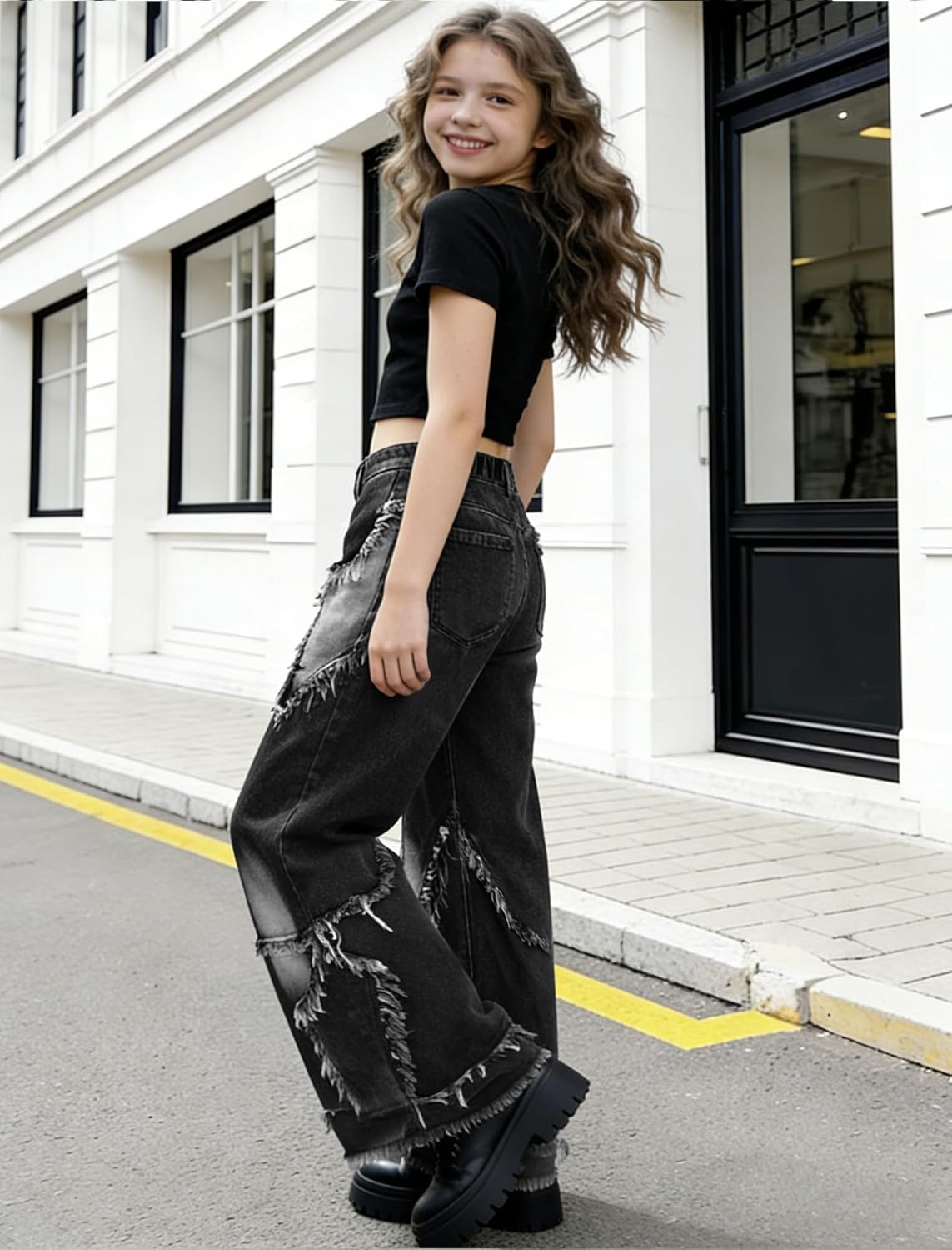 Y2K Baggy Jeans for Women Girls Star Patchwork Wide Leg Raw Hem Denim Pants Hip Hop Streetwear Preppy Clothes