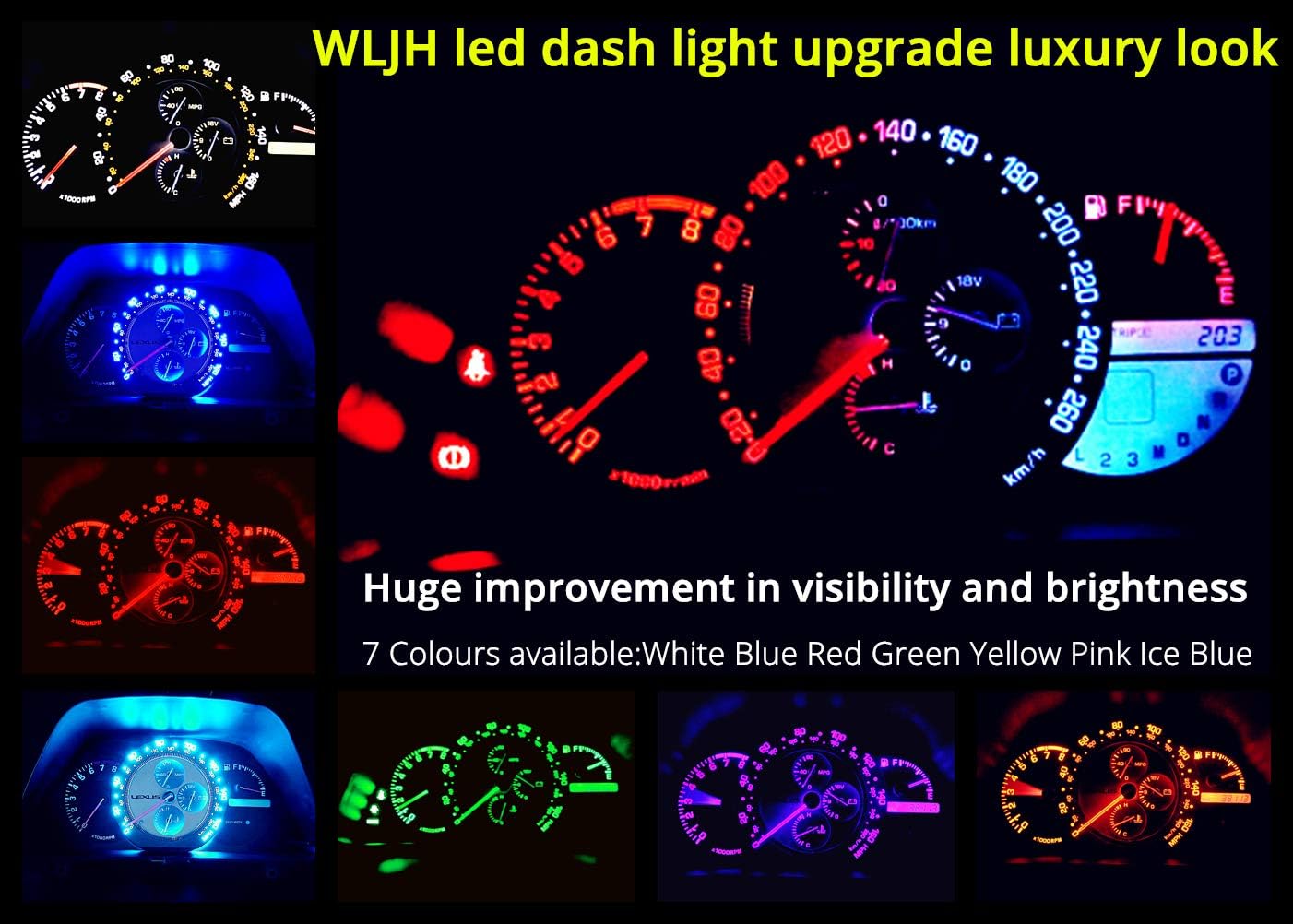 WLJH Extremely Bright White Dash Instrument Cluster Panel Gauge Bulbs + Climate Control Lights + Clock Light Led Kits For Lexus Is300 2001-2005, Pack of 12