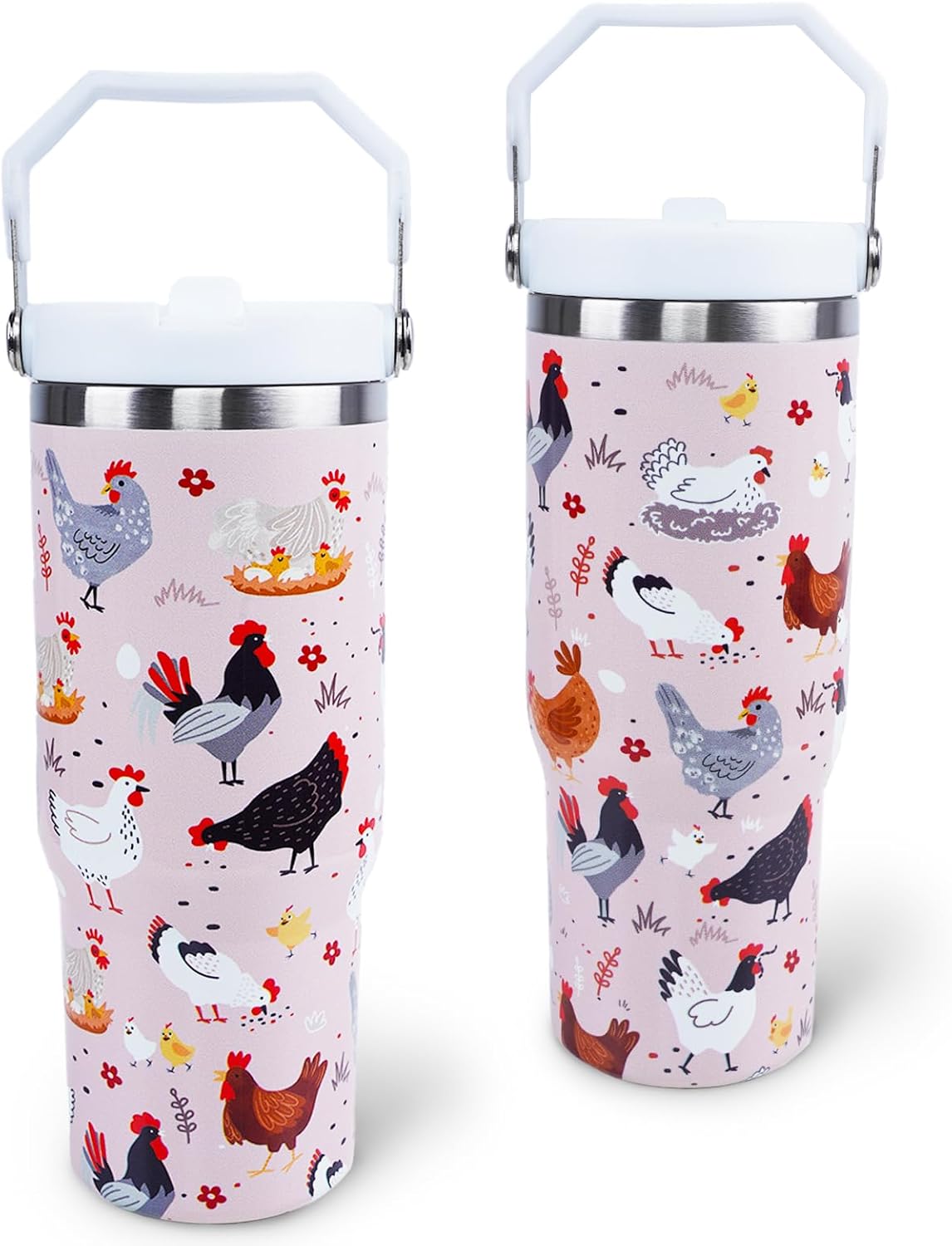 30 oz Tumbler with Handle Flip Straw Leak Proof - Chicken and Rooster Design 30oz Tumbler Travel Coffee Mug with Handle - Birthday Gifts for Women Chicken Lovers 30 Ounce Stainless Steel Cup