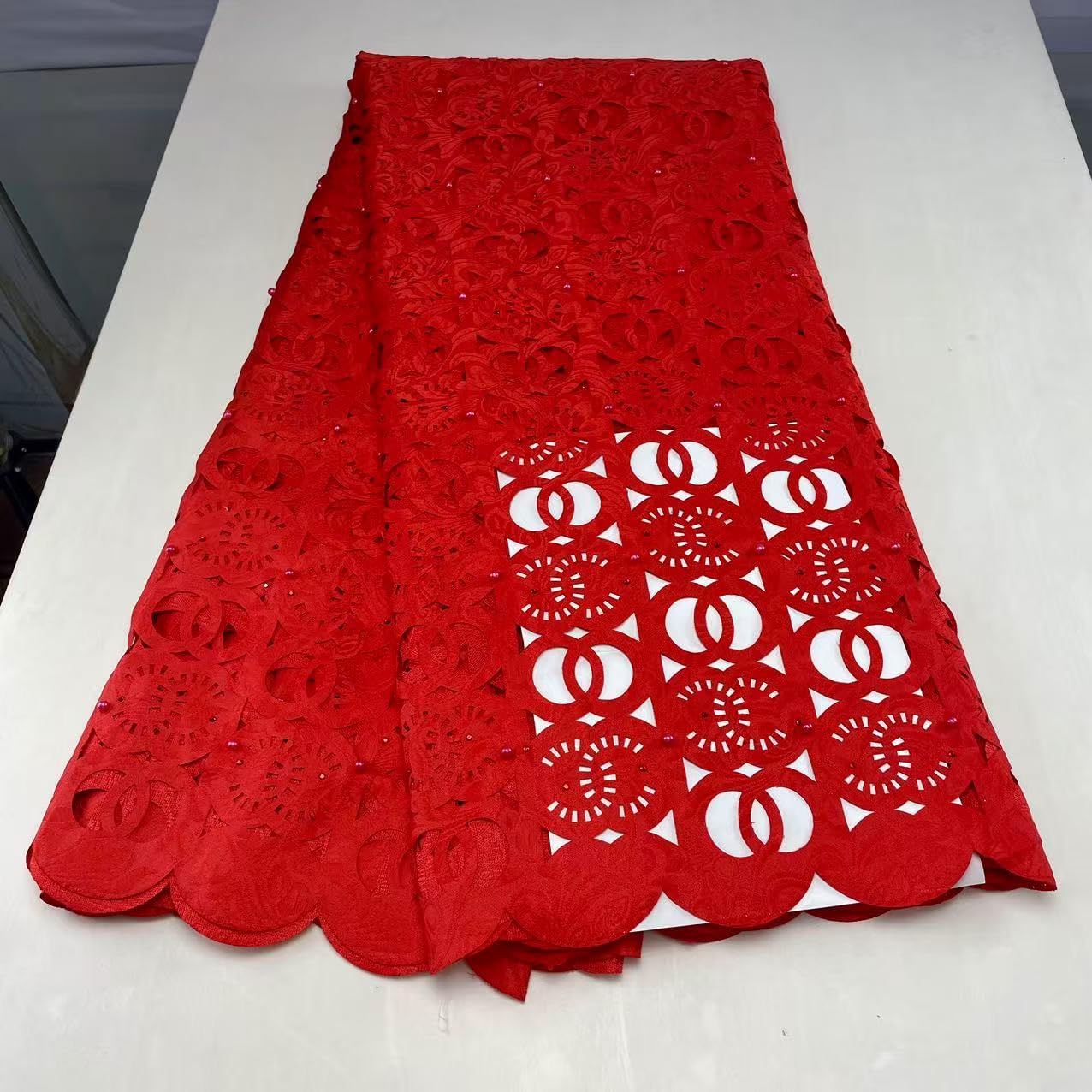 African Hole Laser Lace with Beads Nigerian Lace Fabric 5yards 002 Manual Embroidery for Wedding Party Red