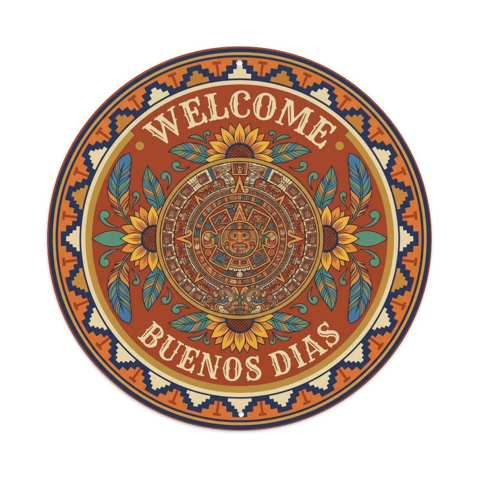 Mexican Folk Aztec Mandala Buenos Dias Pattern Spanish Metal Tin Sign