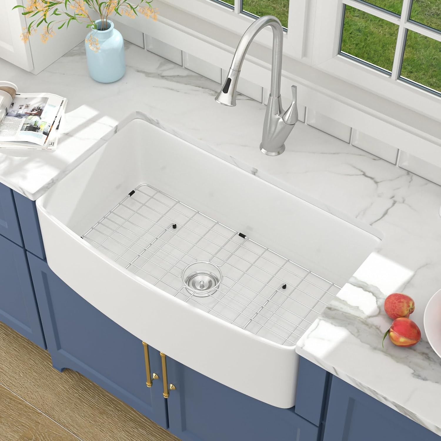 Lordear 33 Inch White Farmhouse Kitchen Sinks Apron Front Flat 33x19 Fireclay Porcelain Ceramic Farmers Single Bowl Farmer Sink Farm Sinks Basin Farm House Sink 33x19x10 Inch