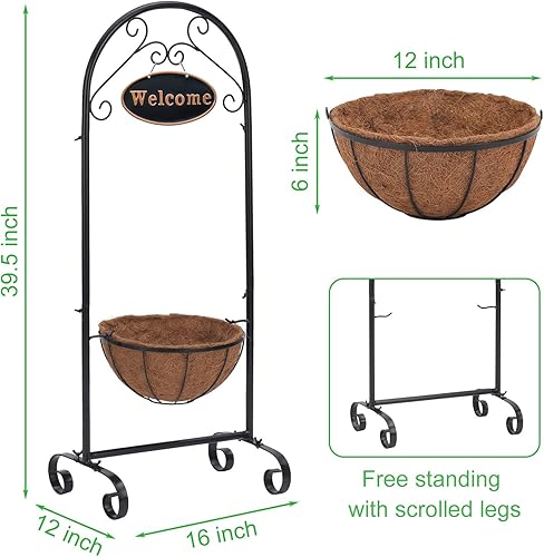 Miniatura 3 de Soporte de metal para maceta de bienvenida con forro de coco, soporte colgante de 39.5 pulgadas con letrero de bienvenida decorativo para decoración