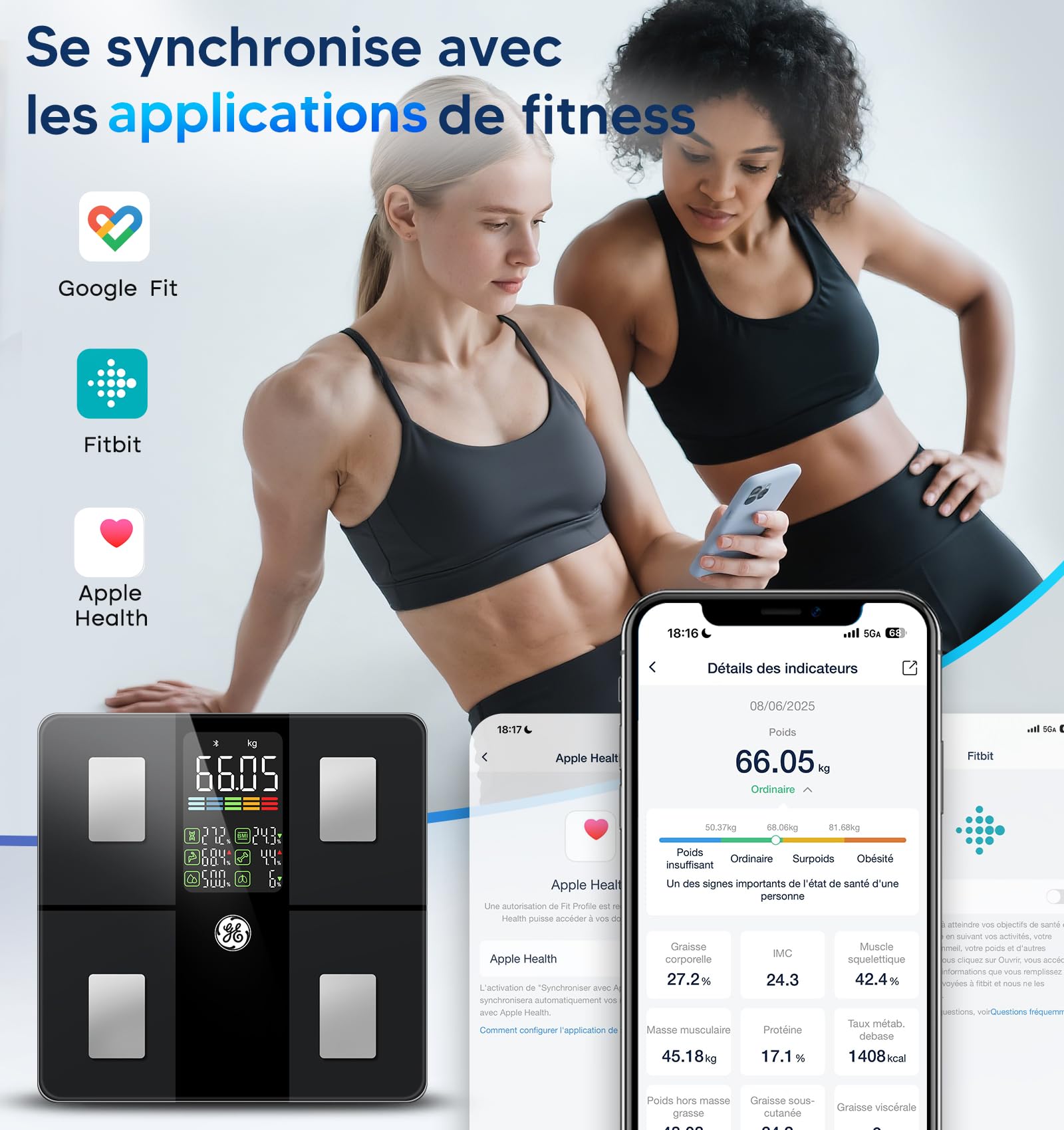 Balance Connectée Smart GE Pese Personnes avec Grand Écran 14 Données Corporelles Masse Graisseuse et Musculaire IMC Bluetooth 180 kg Noir