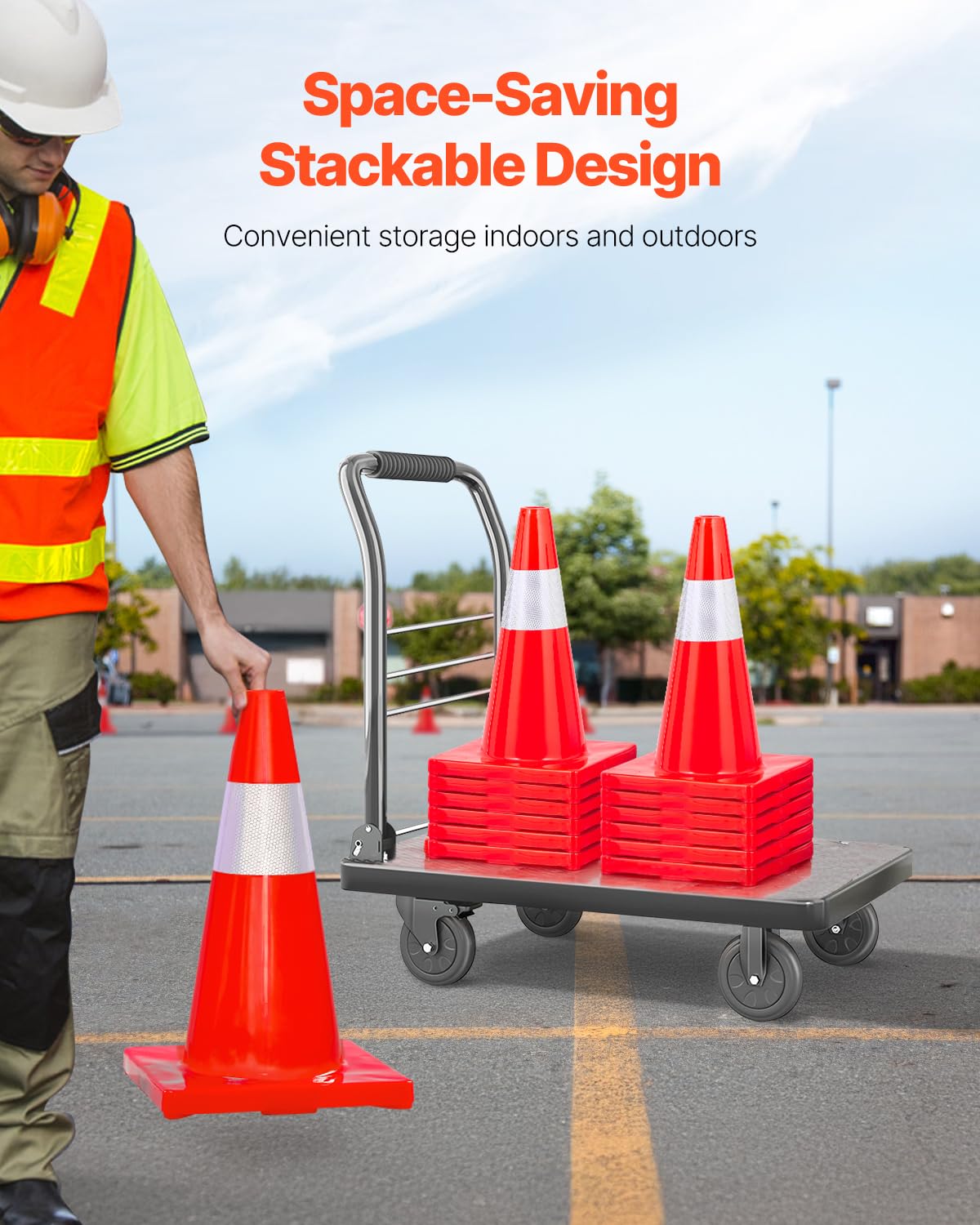 VEVOR Cono de Tráfico 12 Piezas 45,7 cm Pedestal de Obra de PVC Cono de Seguridad con Base Pesada y Collar Reflectante para Demarcación de Estacionamiento de Emergencia en Estacionamiento Carretera