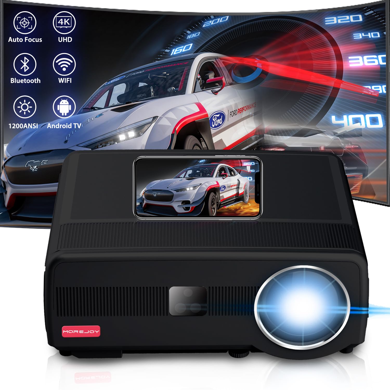 MoreJoy Smart Projector CUBE2 Autofocus Auto 6D Keystone Andrioid TV 4K 1200 ANSI Home Movie Outdoor Netfix/Prime Bulit-in 50% Zoom 500" Max Display