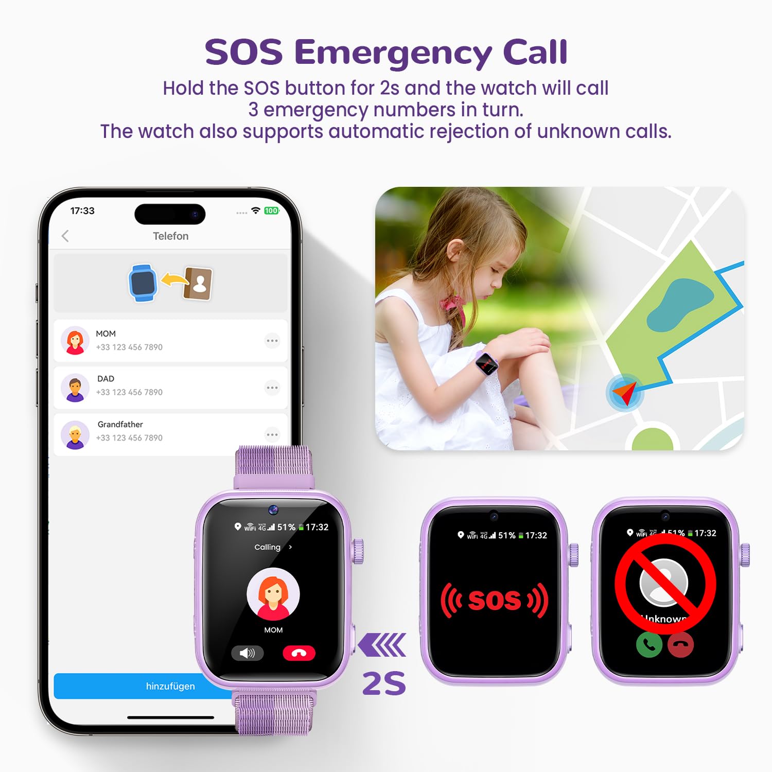 Fitnynxos 4G Smartwatch Bambini con Chiamate e GPS, Orologio Smartwatch Bambini con Videochiamate, SOS, Chat Vocale, SMS, Modalità Scuola, Whatsapp, WiFi, SIM, IP68 Contapassi, Regalo Bambina, Viola