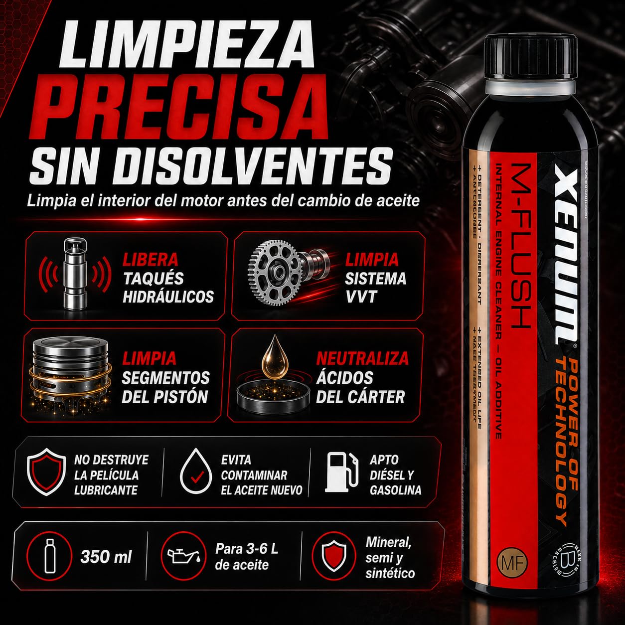 Xenum M-Flush Limpiador Interno de Motor 350 ml | Limpieza del Sistema de Lubricación Antes del Cambio de Aceite | Sin Disolventes | Diésel y Gasolina | Aceites Minerales, Semisintéticos y Sintéticos