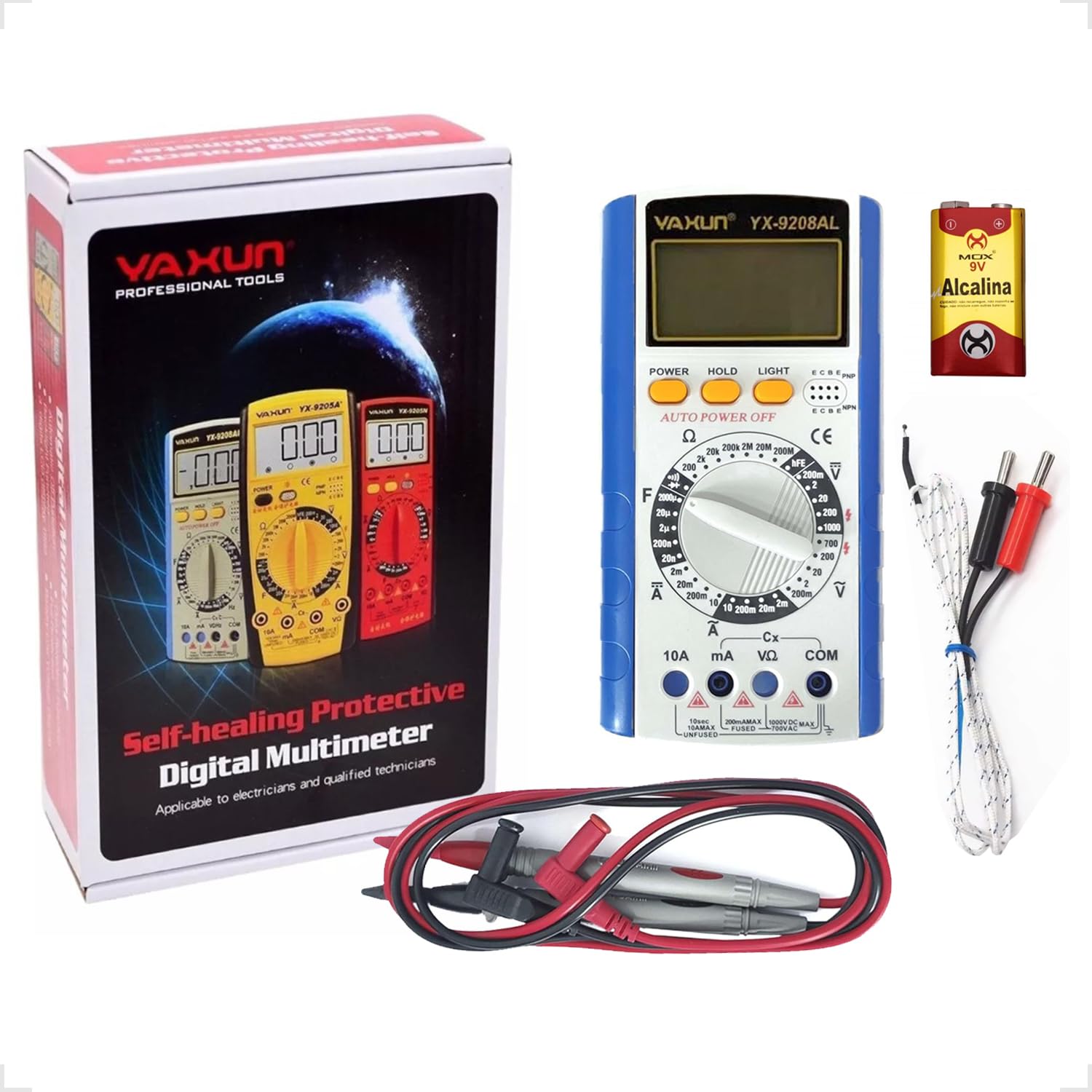 Yaxun YX-9205 Digital Multimeter with red and black test leads and a 9V battery.