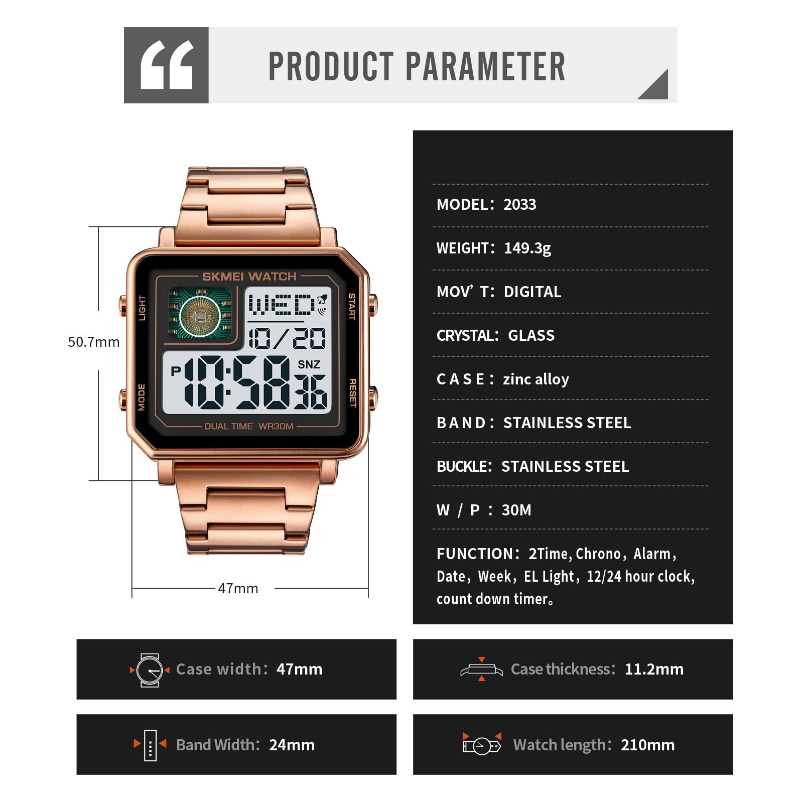 Gosasa Orologio sportivo digitale da uomo, quadrato, con quadrante grande, in acciaio inossidabile, analogico, al quarzo, con cronometro impermeabile, Oro rosato, Digitale
