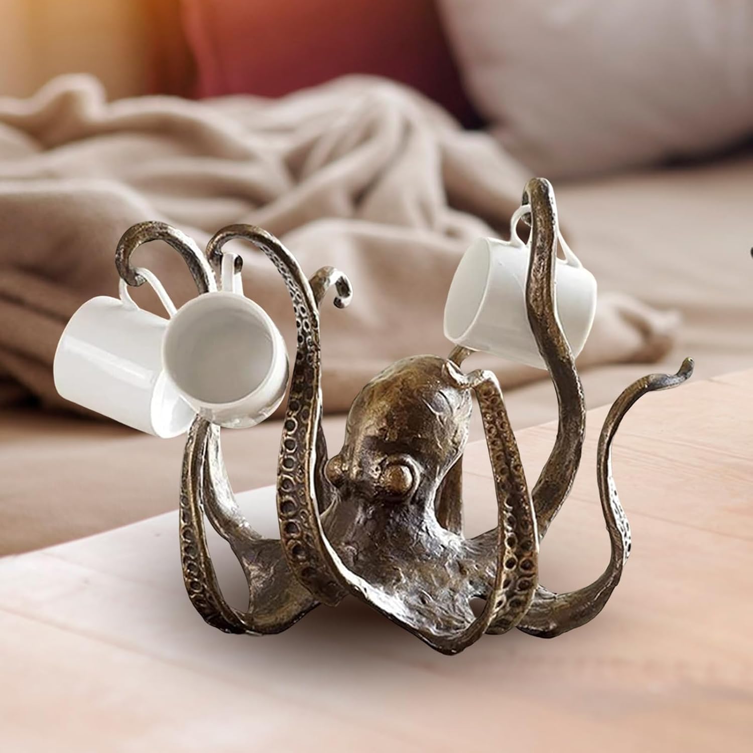 Decorative Octopus Mug Holder, Resin Material, Bronze Color, 9.8 x 6.3 inches, Coffee Cup Display Stand