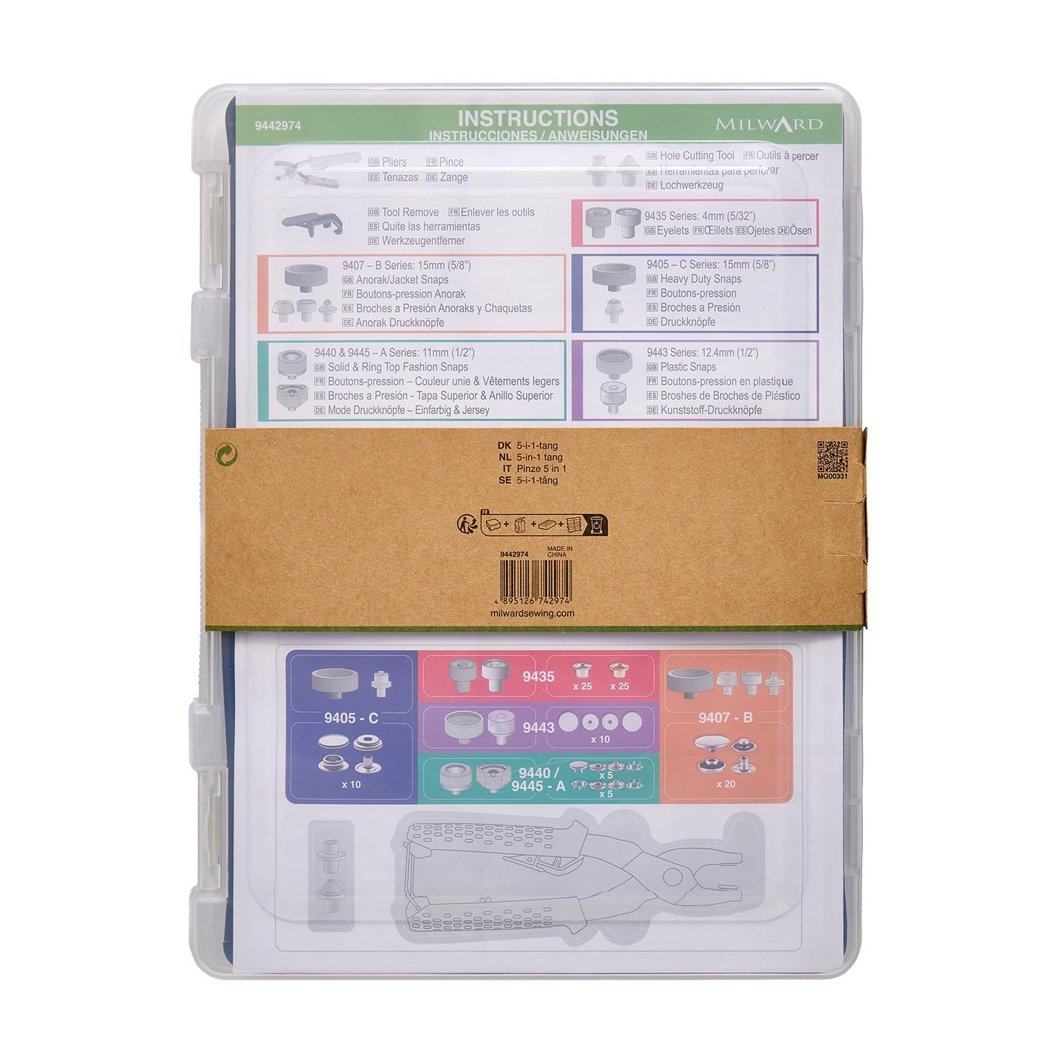 Milward - Juego de alicates de cierre a presión 5 en 1, kit de herramientas resistentes para ojales, botones de presión, broches de plástico y broches de moda, herramienta perforadora con 100 cierres