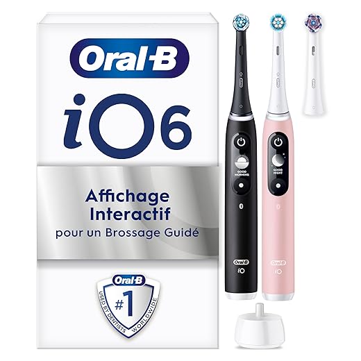 Oral-B iO 6 Brosses À Dents Électriques Lot De 2 Noire Et Rose, Manches Avec Écran Noir Et Blanc Connectés Bluetooth, 3 Brossettes