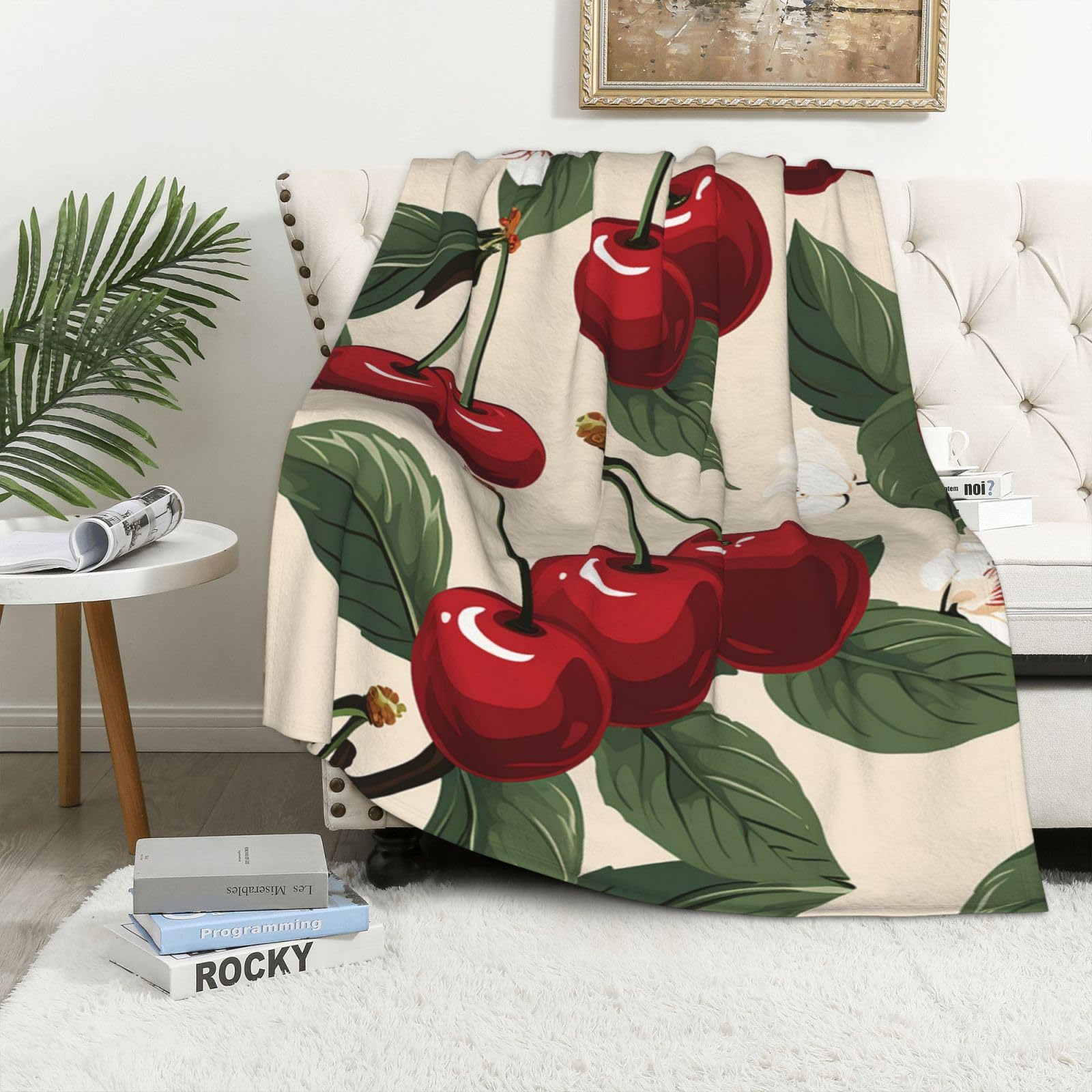Couverture en peluche pour canapé motif cerise idéale pour vos soirées lecture cocooning