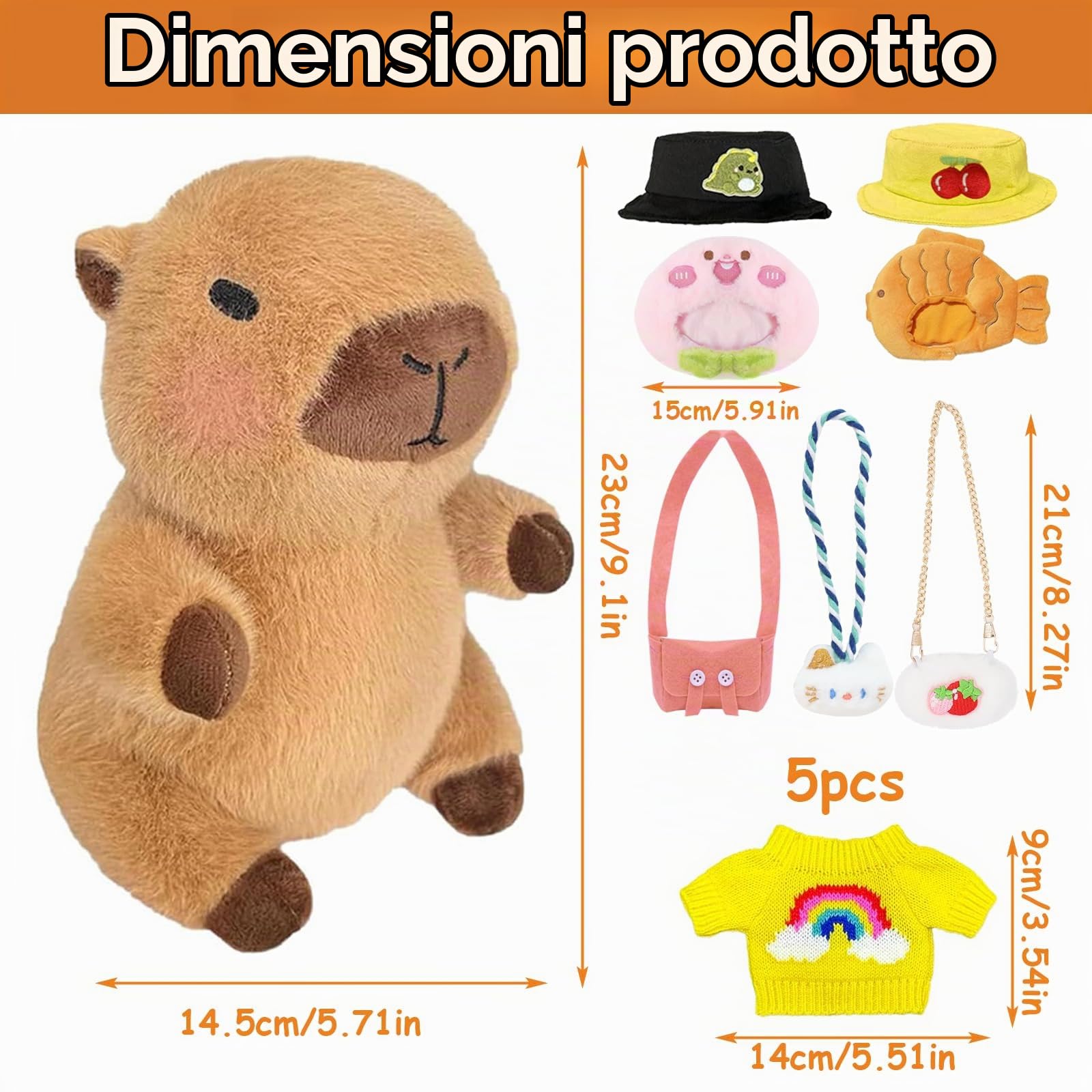 Capybara Peluche Set,23cm Peluche Capybara Bambola,simpatici peluche Capibara,peluche per bambini con vestiti e accessori,per la casa a forma di animale di peluche per il soggiorno (NEW 13PCS)