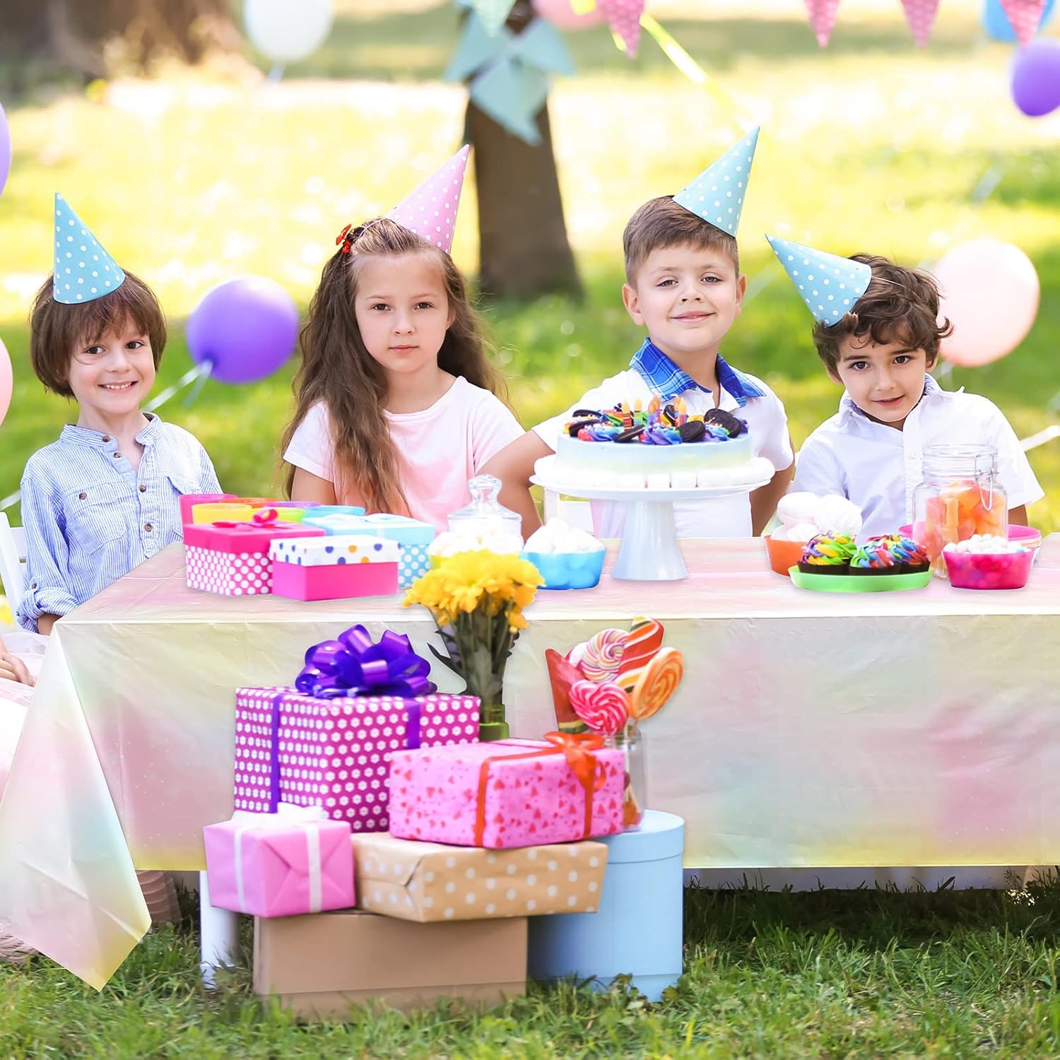 Riakrum Pastel Rainbow Tablecloths Pastel Party Decorations Disposable Rainbow Tablecloth Waterproof Plastic Table Cover Supply for Birthday Wedding Bridal Shower 108 x 54 Inch(12 Pcs)