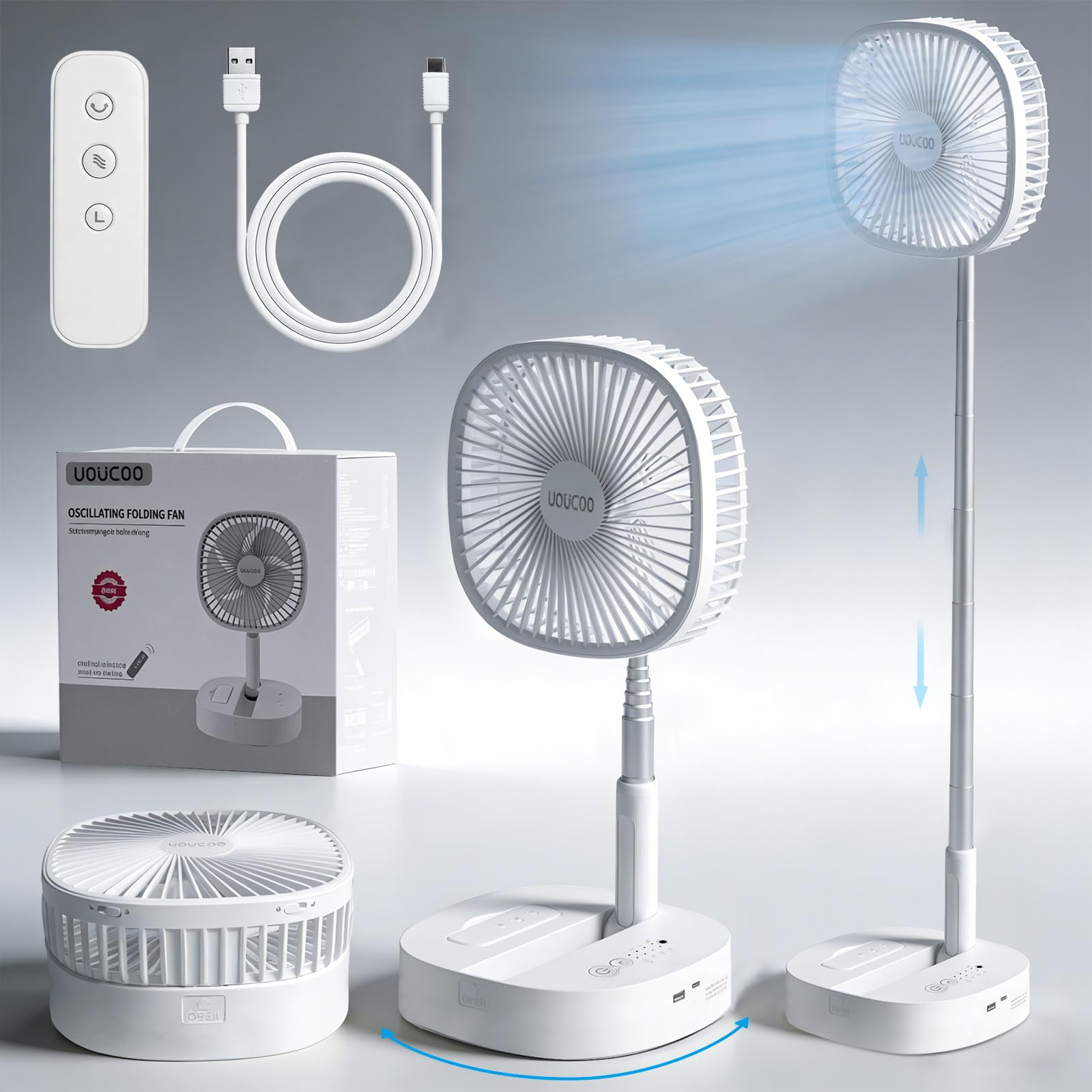 Tragbarer Oszillierender Ventilator, 22,9 cm, zusammenklappbar, mit wiederaufladbarem 7200 mAh Akku, USB-betriebener Bodenventilator, höhenverstellbar, 4 Geschwindigkeiten, leise, inkl