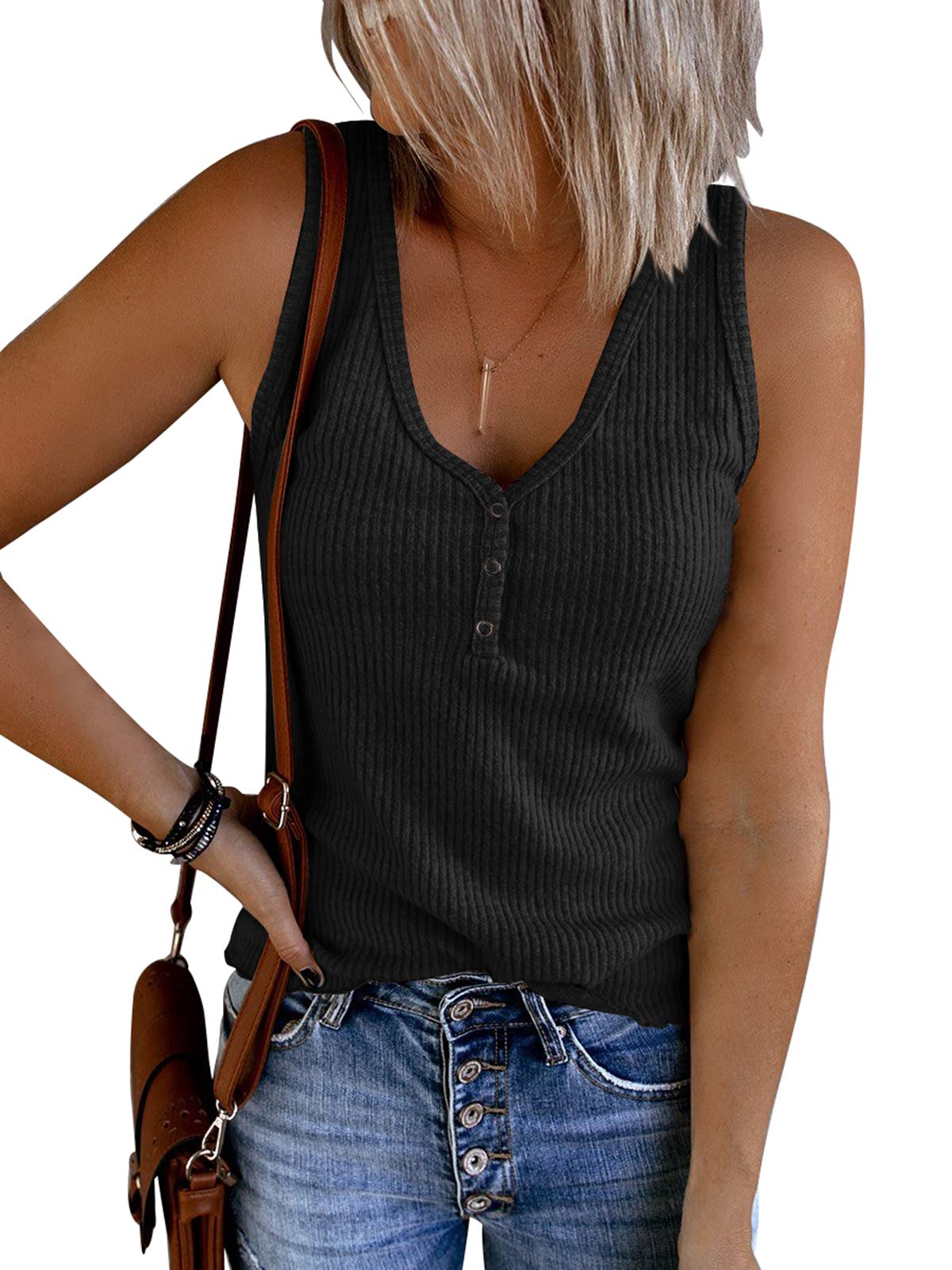 Saodimallsu Damen Tank Tops Sexy V-Ausschnitt Top Ärmellose Henley Shirts Sommer Gerippt Cami Bluse mit Knöpf Schwarz M