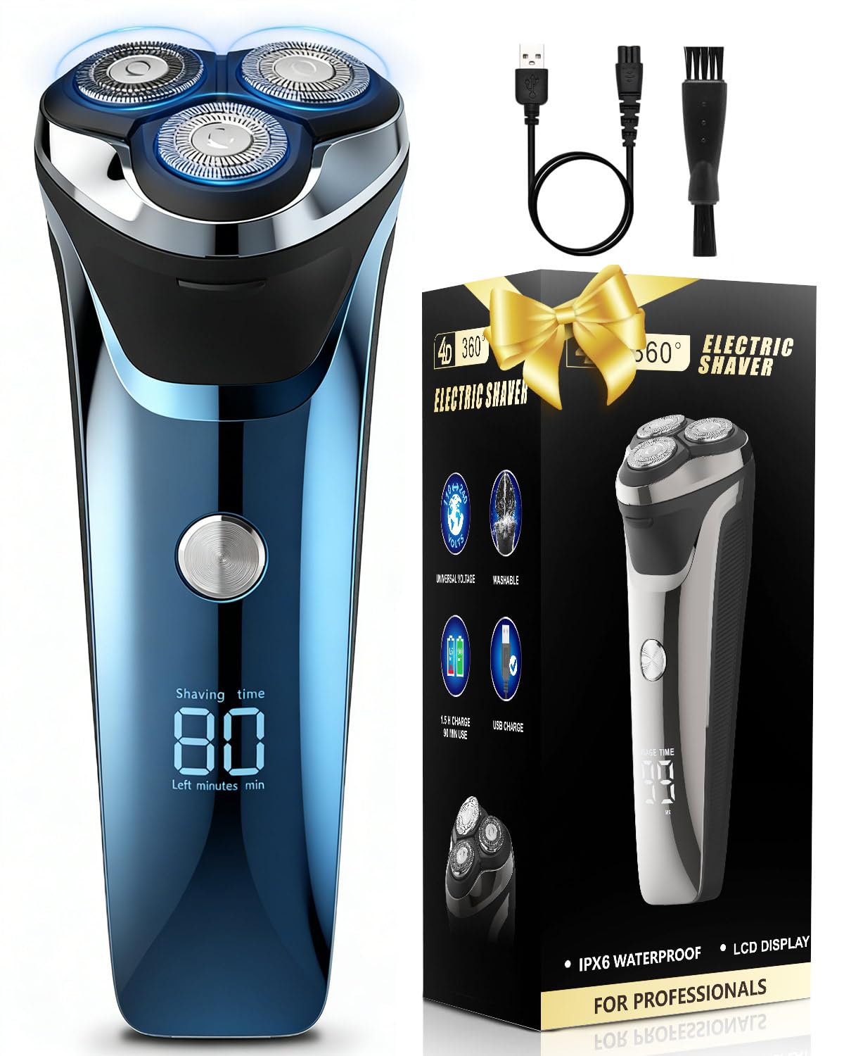 Rasoir électrique professionnel pour homme - Rasoirs rotatifs électriques professionnels humides et secs pour homme - Rechargeable par USB IPX7 - Étanche - Avec tondeuse pop-up sans fil