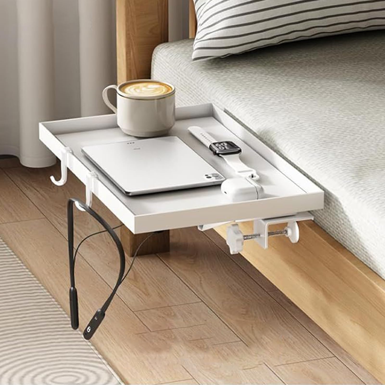 Faltbarer Nachttisch, Betttablett mit Clip, ansteckbare Nachttischregale, Nachttisch mit Clip und Kabelmanagement für Zuhause, Schlafzimmer, Wohnung