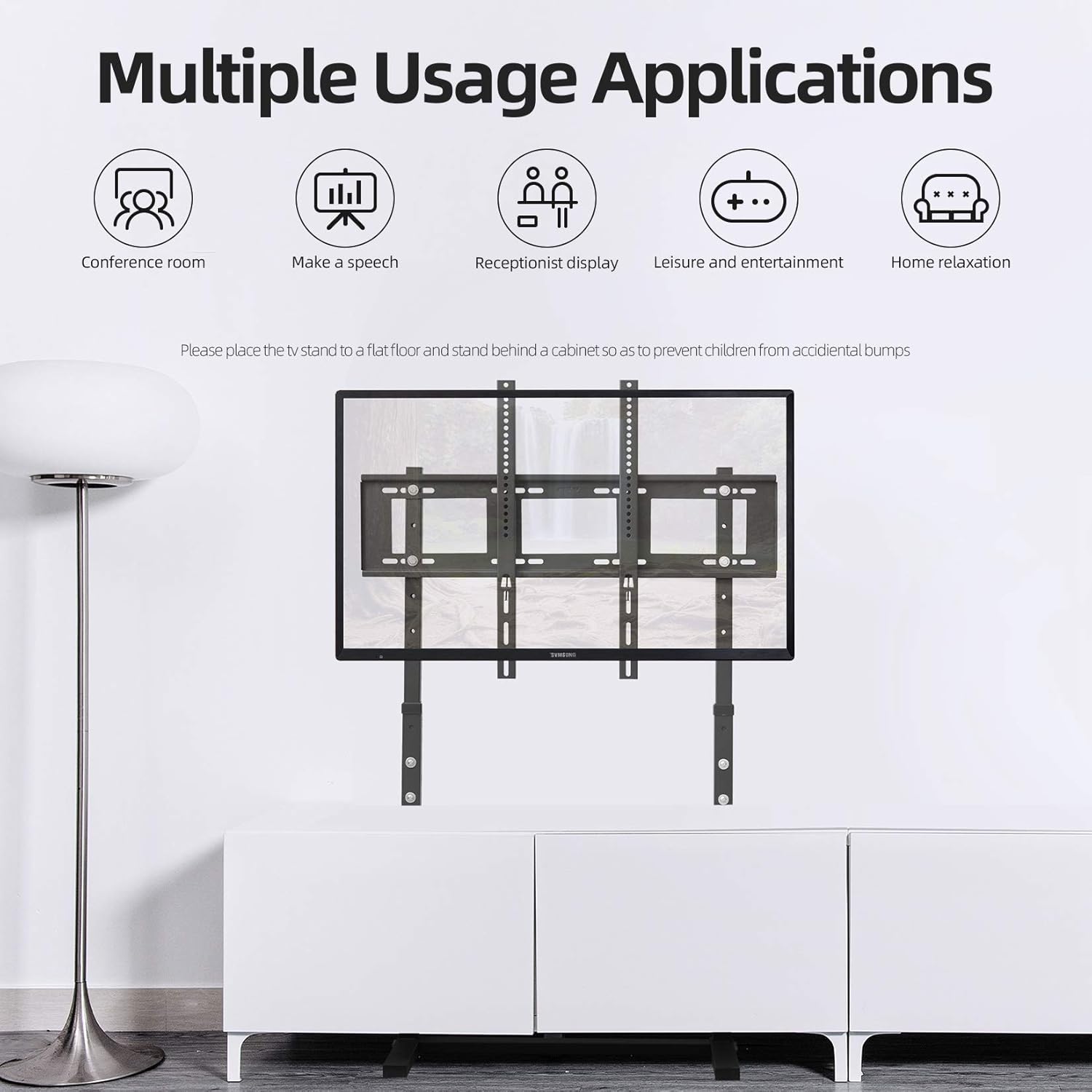 unho Universal Against The Wall TV Stand Floor: Free Standing Mount Stand with Height Adjustable Bracket for TV Bench Compatible with 32-85 inch Flat Panel LED LCD Plasma Screens (Black)