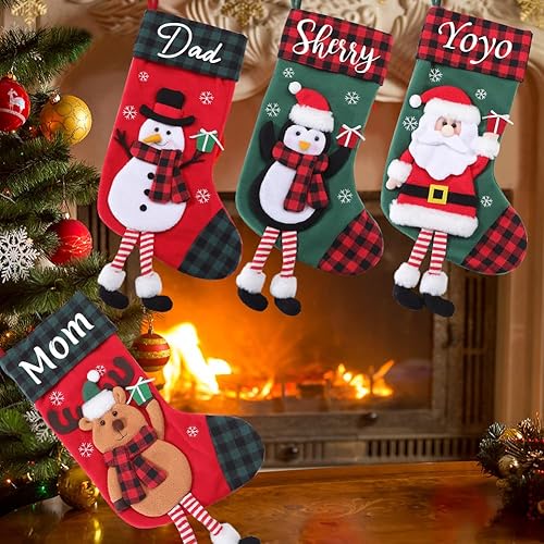 Miniatura 5 de Dreamdecor Medias de Navidad personalizadas con nombre, 17.3 pulgadas, calcetines colgantes de Navidad a cuadros grandes con ciervo, Papá Noel,