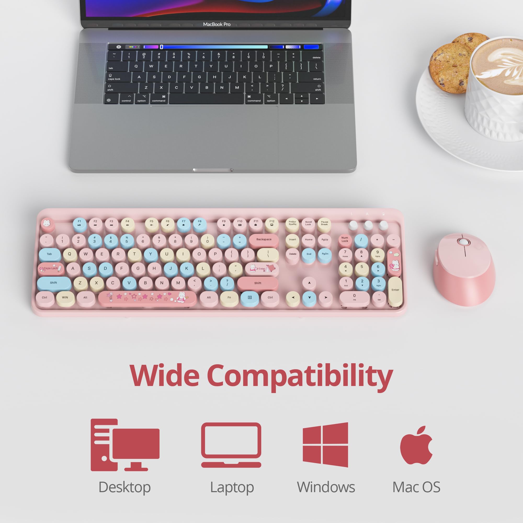 SOLIDEE Combo Tastiera e Mouse Wireless,tastiera macchina da scrivere retro,Tastiera per Computer con Tasti Rotondi 2.4GHz con Tastierino Numerico,Tastiera a 104 Tasti(Americana QWERTY)(Mixed Pink)